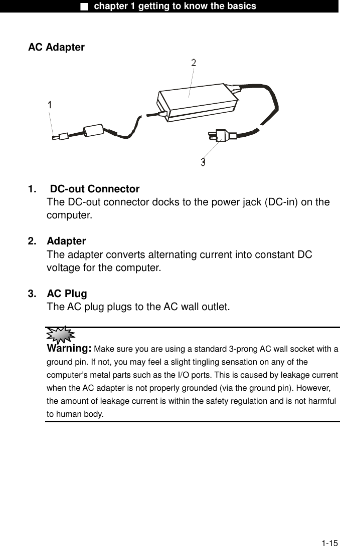                  ■ chapter 1 getting to know the basics                    1-15 AC Adapter   1. DC-out Connector The DC-out connector docks to the power jack (DC-in) on the computer.   2. Adapter The adapter converts alternating current into constant DC voltage for the computer.  3. AC Plug The AC plug plugs to the AC wall outlet.   Warning: Make sure you are using a standard 3-prong AC wall socket with a ground pin. If not, you may feel a slight tingling sensation on any of the computer&rsquo;s metal parts such as the I/O ports. This is caused by leakage current when the AC adapter is not properly grounded (via the ground pin). However, the amount of leakage current is within the safety regulation and is not harmful to human body. 