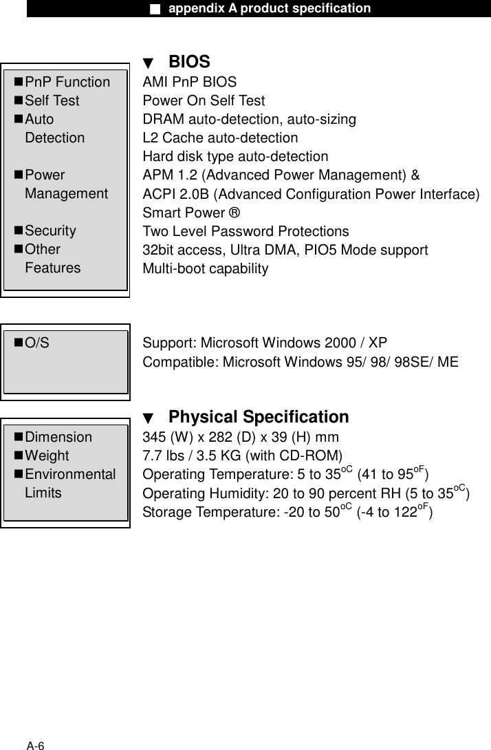                    ■ appendix A product specification                     A-6 ▼  BIOS AMI PnP BIOS Power On Self Test DRAM auto-detection, auto-sizing L2 Cache auto-detection Hard disk type auto-detection APM 1.2 (Advanced Power Management) &amp;   ACPI 2.0B (Advanced Configuration Power Interface) Smart Power &reg; Two Level Password Protections 32bit access, Ultra DMA, PIO5 Mode support Multi-boot capability    Support: Microsoft Windows 2000 / XP Compatible: Microsoft Windows 95/ 98/ 98SE/ ME   ▼  Physical Specification 345 (W) x 282 (D) x 39 (H) mm 7.7 lbs / 3.5 KG (with CD-ROM) Operating Temperature: 5 to 35oC (41 to 95oF) Operating Humidity: 20 to 90 percent RH (5 to 35oC) Storage Temperature: -20 to 50oC (-4 to 122oF)     PnP  Function  Self  Test  Auto  Detection   Power    Management   Securit y  Other    Features  O/S  Dimension  Weight  Environmental  Limits 