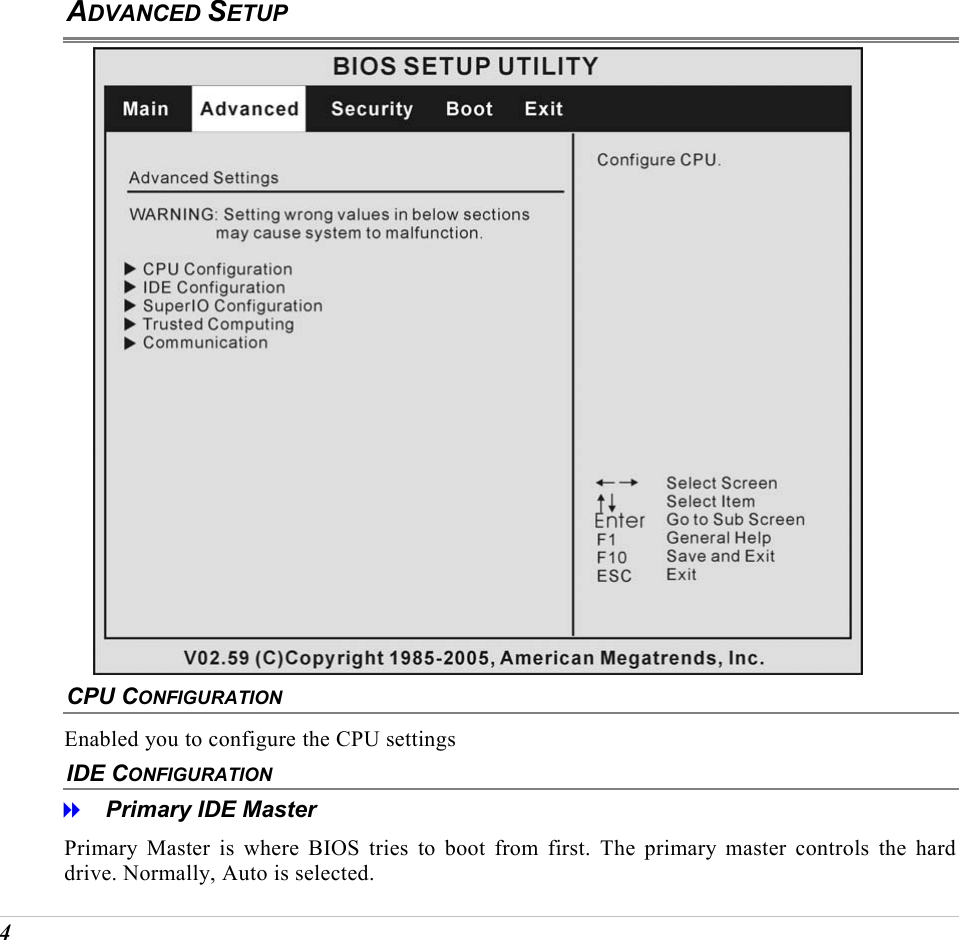  4 ADVANCED SETUP  CPU CONFIGURATION Enabled you to configure the CPU settings IDE CONFIGURATION   Primary IDE Master Primary Master is where BIOS tries to boot from first. The primary master controls the hard drive. Normally, Auto is selected. 