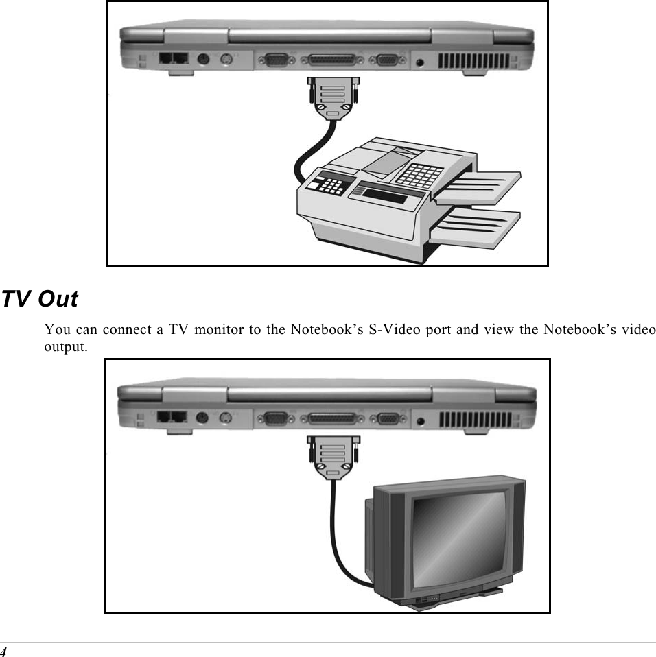  4  TV Out You can connect a TV monitor to the Notebook&rsquo;s S-Video port and view the Notebook&rsquo;s video output.  