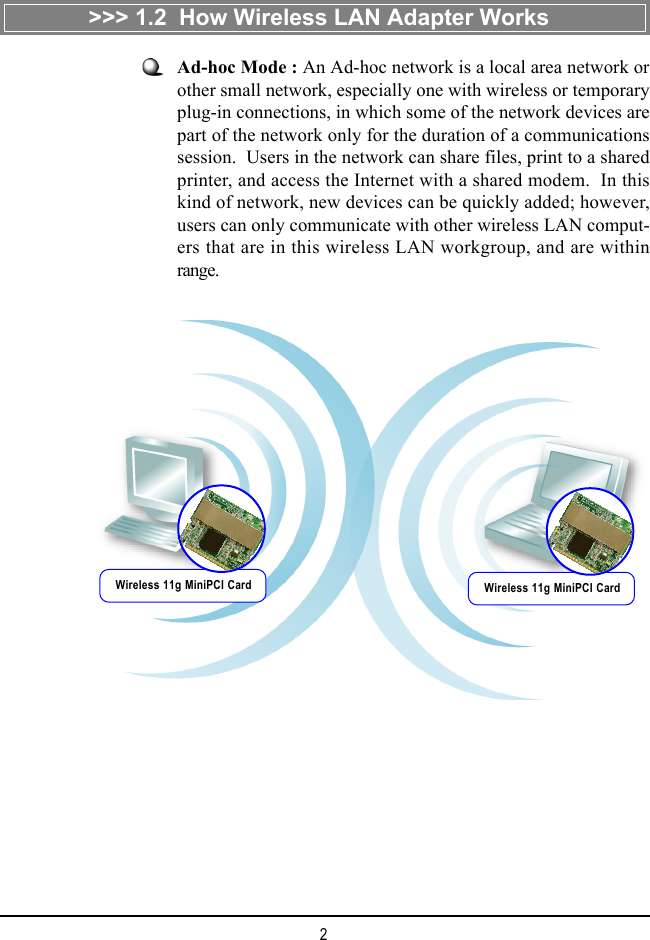 2Ad-hoc Mode : An Ad-hoc network is a local area network orother small network, especially one with wireless or temporaryplug-in connections, in which some of the network devices arepart of the network only for the duration of a communicationssession.  Users in the network can share files, print to a sharedprinter, and access the Internet with a shared modem.  In thiskind of network, new devices can be quickly added; however,users can only communicate with other wireless LAN comput-ers that are in this wireless LAN workgroup, and are withinrange.>>> 1.2  How Wireless LAN Adapter WorksWireless 11g MiniPCI Card Wireless 11g MiniPCI Card