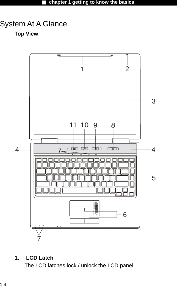                  ■ chapter 1 getting to know the basics                    1-4 System At A Glance Top View  12311 10 9445677  1. LCD Latch The LCD latches lock / unlock the LCD panel.  