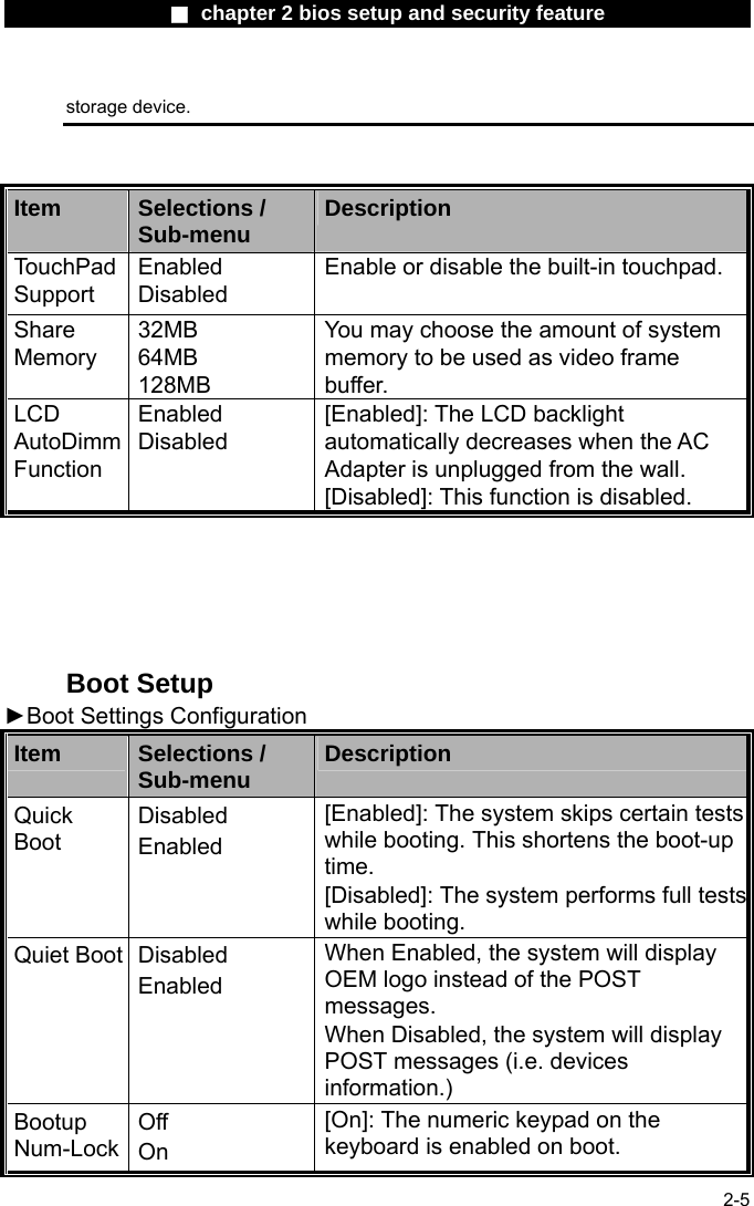                 ■ chapter 2 bios setup and security feature                2-5 storage device.   Item  Selections / Sub-menu  Description TouchPad Support Enabled Disabled Enable or disable the built-in touchpad. Share Memory 32MB 64MB 128MB You may choose the amount of system memory to be used as video frame buffer. LCD AutoDimm Function Enabled Disabled [Enabled]: The LCD backlight automatically decreases when the AC Adapter is unplugged from the wall. [Disabled]: This function is disabled.      Boot Setup ►Boot Settings Configuration Item  Selections / Sub-menu  Description Quick Boot Disabled Enabled [Enabled]: The system skips certain tests while booting. This shortens the boot-up time. [Disabled]: The system performs full testswhile booting. Quiet Boot  Disabled Enabled When Enabled, the system will display OEM logo instead of the POST messages. When Disabled, the system will display POST messages (i.e. devices information.) Bootup Num-Lock Off On [On]: The numeric keypad on the keyboard is enabled on boot. 