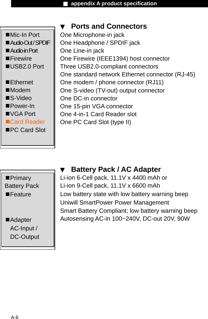                    ■ appendix A product specification                     A-6 ▼  Ports and Connectors One Microphone-in jack One Headphone / SPDIF jack One Line-in jack One Firewire (IEEE1394) host connector Three USB2.0-compliant connectors One standard network Ethernet connector (RJ-45) One modem / phone connector (RJ11) One S-video (TV-out) output connector One DC-in connector One 15-pin VGA connector One 4-in-1 Card Reader slot One PC Card Slot (type II)      ▼  Battery Pack / AC Adapter Li-ion 6-Cell pack, 11.1V x 4400 mAh or Li-ion 9-Cell pack, 11.1V x 6600 mAh Low battery state with low battery warning beep Uniwill SmartPower Power Management Smart Battery Compliant; low battery warning beep Autosensing AC-in 100~240V, DC-out 20V, 90W     Mic-In Port  Audio-Out / SPDIF  Audio-in Port  Firewire  USB2.0 Port   Ethernet  Modem  S-Video  Power-In  VGA Port  Card Reader  PC Card Slot  Primary Battery Pack  Feature    Adapter   AC-Input /   DC-Output 