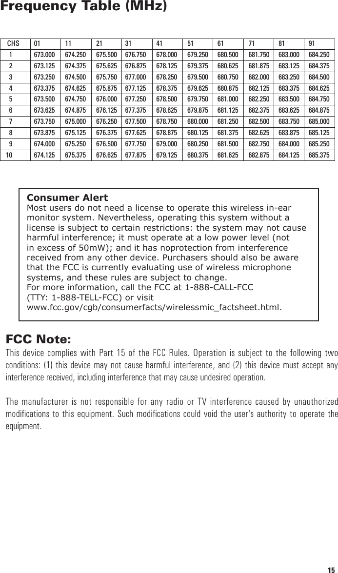 2Using This ManualThis booklet gives instructions for the operation of the PEM-1000 Wireless In-Ear Monitor System. Please read the instructions for your system completely before operating unit. This manual ﬁrst lists the features of the PEM-1000, and then takes you step-by-step in explaining how to operate your new system, for the transmitter and receiver(s). Each section gives you detailed operating instructions. Also included in this manual are system speciﬁcations and servicing information.Contents .................................................................................................................................. 2Introduction ............................................................................................................................. 2Using This Manual ................................................................................................................... 2Warning ................................................................................................................................... 3System Features ..................................................................................................................... 4Quick User Controls Guide ...................................................................................................... 5OperationPEM-1000T Transmitter ...................................................................................................... 8PEM-1000R Receiver .......................................................................................................... 9Multiple System Operation ....................................................................................................12Caution During Operation .......................................................................................................13Speciﬁcations .........................................................................................................................14Frequency Table .....................................................................................................................15Service ....................................................................................................................................16One Year Limited Warranty ....................................................................................................17IntroductionThank you for purchasing a Nady PEM-1000 Wireless Personal In-Ear Monitor System and congratulations on your choice. This PEM-1000 offers all of the advantages of wireless in-ear monitoring–mobility, more focused audio, freedom from feedback, and elimination of transport issues associated with conventional ﬂoor monitors–as well as the long-term health beneﬁts of safe listening levels.  For the ﬁrst time, a wireless in-ear monitor system combines state-of-the-art advanced frequency synthesized UHF technology, high-end performance, ease of use, and unprecedented affordability. The PEM-1000 offers a choice of 100 user selectable UHF channels for the transmitter and receiver(s), as well as stereo (MPX system) or mono mode transmission. This system is indispensable for live-stage music performance, and is loaded with features previously found only in units costing several times more.Contents15Frequency Table (MHz)CHS 01 11 21 31 41 51 61 71 81 911  673.000 674.250 675.500 676.750 678.000 679.250 680.500 681.750 683.000 684.2502  673.125 674.375 675.625 676.875 678.125 679.375 680.625 681.875 683.125 684.3753  673.250 674.500 675.750 677.000 678.250 679.500 680.750 682.000 683.250 684.5004  673.375 674.625 675.875 677.125 678.375 679.625 680.875 682.125 683.375 684.6255  673.500 674.750 676.000 677.250 678.500 679.750 681.000 682.250 683.500 684.7506  673.625 674.875 676.125 677.375 678.625 679.875 681.125 682.375 683.625 684.8757  673.750 675.000 676.250 677.500 678.750 680.000 681.250 682.500 683.750 685.0008  673.875 675.125 676.375 677.625 678.875 680.125 681.375 682.625 683.875 685.1259  674.000 675.250 676.500 677.750 679.000 680.250 681.500 682.750 684.000 685.25010 674.125 675.375 676.625 677.875 679.125 680.375 681.625 682.875 684.125 685.375Consumer AlertMost users do not need a license to operate this wireless in-ear monitor system. Nevertheless, operating this system without a license is subject to certain restrictions: the system may not cause harmful interference; it must operate at a low power level (not in excess of 50mW); and it has noprotection from interference received from any other device. Purchasers should also be aware that the FCC is currently evaluating use of wireless microphone systems, and these rules are subject to change.For more information, call the FCC at 1-888-CALL-FCC (TTY: 1-888-TELL-FCC) or visit www.fcc.gov/cgb/consumerfacts/wirelessmic_factsheet.html.2Using This ManualThis booklet gives instructions for the operation of the PEM-1000 Wireless In-Ear Monitor System. Please read the instructions for your system completely before operating unit. This manual ﬁrst lists the features of the PEM-1000, and then takes you step-by-step in explaining how to operate your new system, for the transmitter and receiver(s). Each section gives you detailed operating instructions. Also included in this manual are system speciﬁcations and servicing information.Contents .................................................................................................................................. 2Introduction ............................................................................................................................. 2Using This Manual ................................................................................................................... 2Warning ................................................................................................................................... 3System Features ..................................................................................................................... 4Quick User Controls Guide ...................................................................................................... 5OperationPEM-1000T Transmitter ...................................................................................................... 8PEM-1000R Receiver .......................................................................................................... 9Multiple System Operation ....................................................................................................12Caution During Operation .......................................................................................................13Speciﬁcations .........................................................................................................................14Frequency Table .....................................................................................................................15Service ....................................................................................................................................16One Year Limited Warranty ....................................................................................................17IntroductionThank you for purchasing a Nady PEM-1000 Wireless Personal In-Ear Monitor System and congratulations on your choice. This PEM-1000 offers all of the advantages of wireless in-ear monitoring–mobility, more focused audio, freedom from feedback, and elimination of transport issues associated with conventional ﬂoor monitors–as well as the long-term health beneﬁts of safe listening levels.  For the ﬁrst time, a wireless in-ear monitor system combines state-of-the-art advanced frequency synthesized UHF technology, high-end performance, ease of use, and unprecedented affordability. The PEM-1000 offers a choice of 100 user selectable UHF channels for the transmitter and receiver(s), as well as stereo (MPX system) or mono mode transmission. This system is indispensable for live-stage music performance, and is loaded with features previously found only in units costing several times more.Contents15Frequency Table (MHz)CHS 01 11 21 31 41 51 61 71 81 911  673.000 674.250 675.500 676.750 678.000 679.250 680.500 681.750 683.000 684.2502  673.125 674.375 675.625 676.875 678.125 679.375 680.625 681.875 683.125 684.3753  673.250 674.500 675.750 677.000 678.250 679.500 680.750 682.000 683.250 684.5004  673.375 674.625 675.875 677.125 678.375 679.625 680.875 682.125 683.375 684.6255  673.500 674.750 676.000 677.250 678.500 679.750 681.000 682.250 683.500 684.7506  673.625 674.875 676.125 677.375 678.625 679.875 681.125 682.375 683.625 684.8757  673.750 675.000 676.250 677.500 678.750 680.000 681.250 682.500 683.750 685.0008  673.875 675.125 676.375 677.625 678.875 680.125 681.375 682.625 683.875 685.1259  674.000 675.250 676.500 677.750 679.000 680.250 681.500 682.750 684.000 685.25010 674.125 675.375 676.625 677.875 679.125 680.375 681.625 682.875 684.125 685.375Consumer AlertMost users do not need a license to operate this wireless in-ear monitor system. Nevertheless, operating this system without a license is subject to certain restrictions: the system may not cause harmful interference; it must operate at a low power level (not in excess of 50mW); and it has noprotection from interference received from any other device. Purchasers should also be aware that the FCC is currently evaluating use of wireless microphone systems, and these rules are subject to change.For more information, call the FCC at 1-888-CALL-FCC (TTY: 1-888-TELL-FCC) or visit www.fcc.gov/cgb/consumerfacts/wirelessmic_factsheet.html.FCC Note:This device complies with Part 15 of the FCC Rules. Operation is subject to the following two conditions: (1) this device may not cause harmful interference, and (2) this device must accept any interference received, including interference that may cause undesired operation.  The manufacturer is not responsible for any radio or TV interference caused by unauthorized modifications to this equipment. Such modifications could void the user&apos;s authority to operate the equipment. 