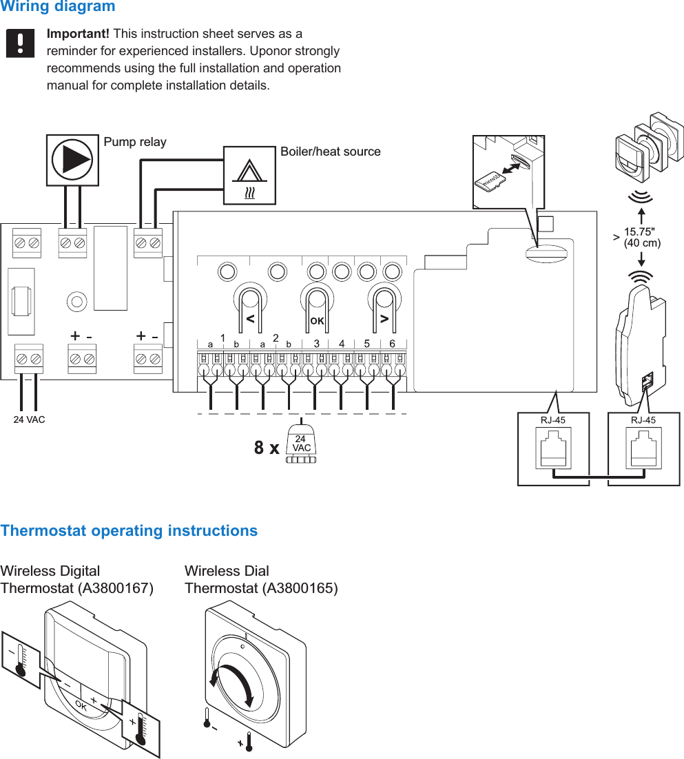 Climate Control Zoning System II instruction sheet  l  5Wiring diagramImportant! This instruction sheet serves as a reminder for experienced installers. Uponor strongly recommends using the full installation and operation manual for complete installation details.Pump relay Boiler/heat source24 VAC24 VAC> 15.75"(40 cm) Thermostat operating instructionsWireless Digital Thermostat (A3800167)Wireless Dial Thermostat (A3800165)