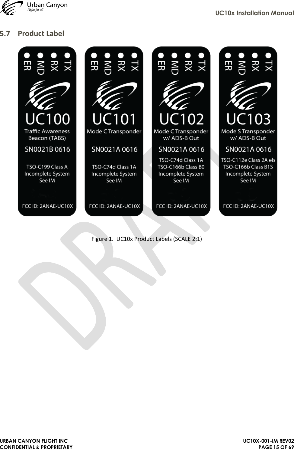     UC10x Installation Manual  URBAN CANYON FLIGHT INC   UC10X-001-IM REV02 CONFIDENTIAL &amp; PROPRIETARY PAGE 15 OF 69 5.7 Product Label   Figure 1.  UC10x Product Labels (SCALE 2:1)  