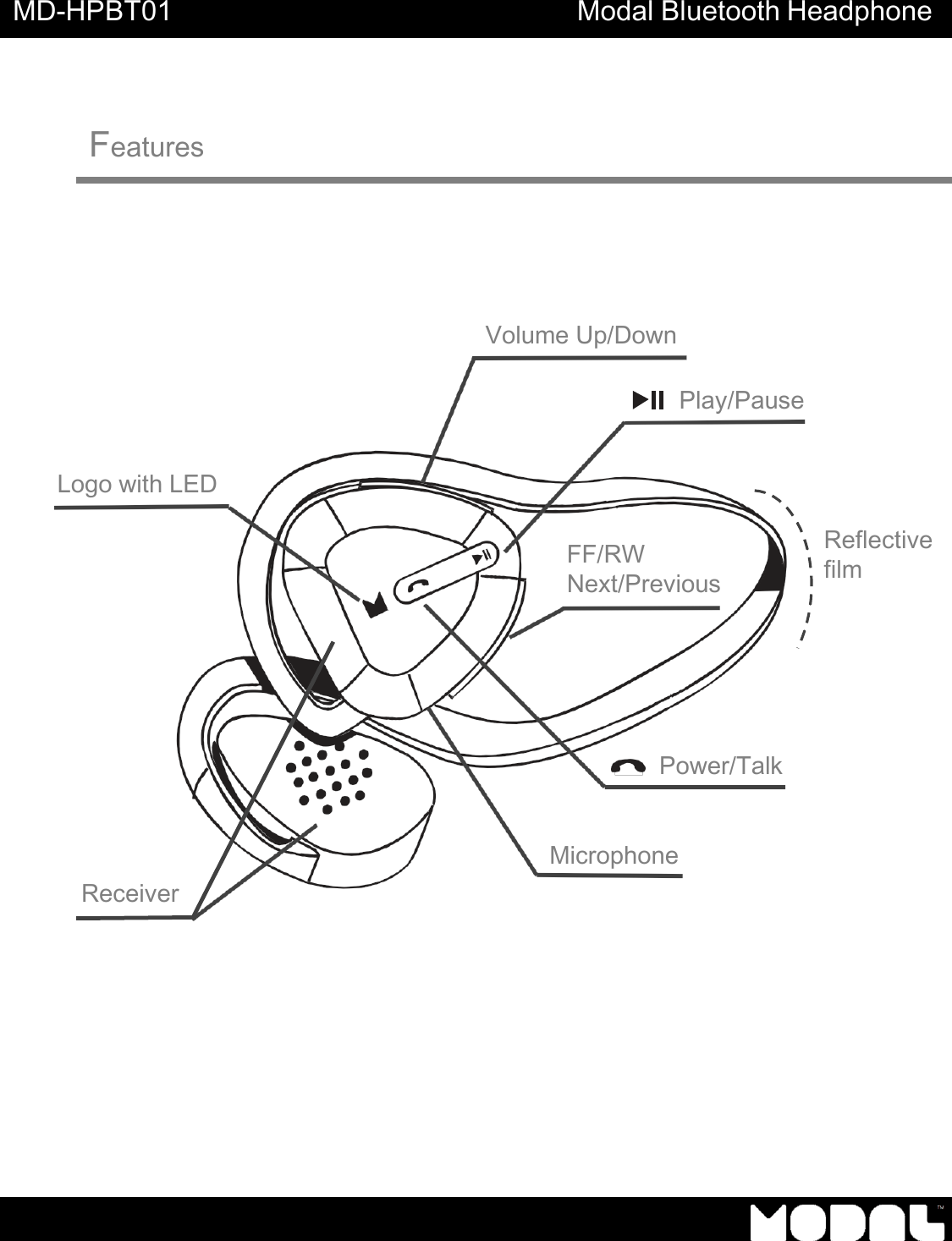 MD-HPBT01 Modal Bluetooth Headphone            Features          Volume Up/Down   Play/Pause    Logo with LED     FF/RW Next/Previous    Reflective film         Power/Talk      Receiver Microphone 