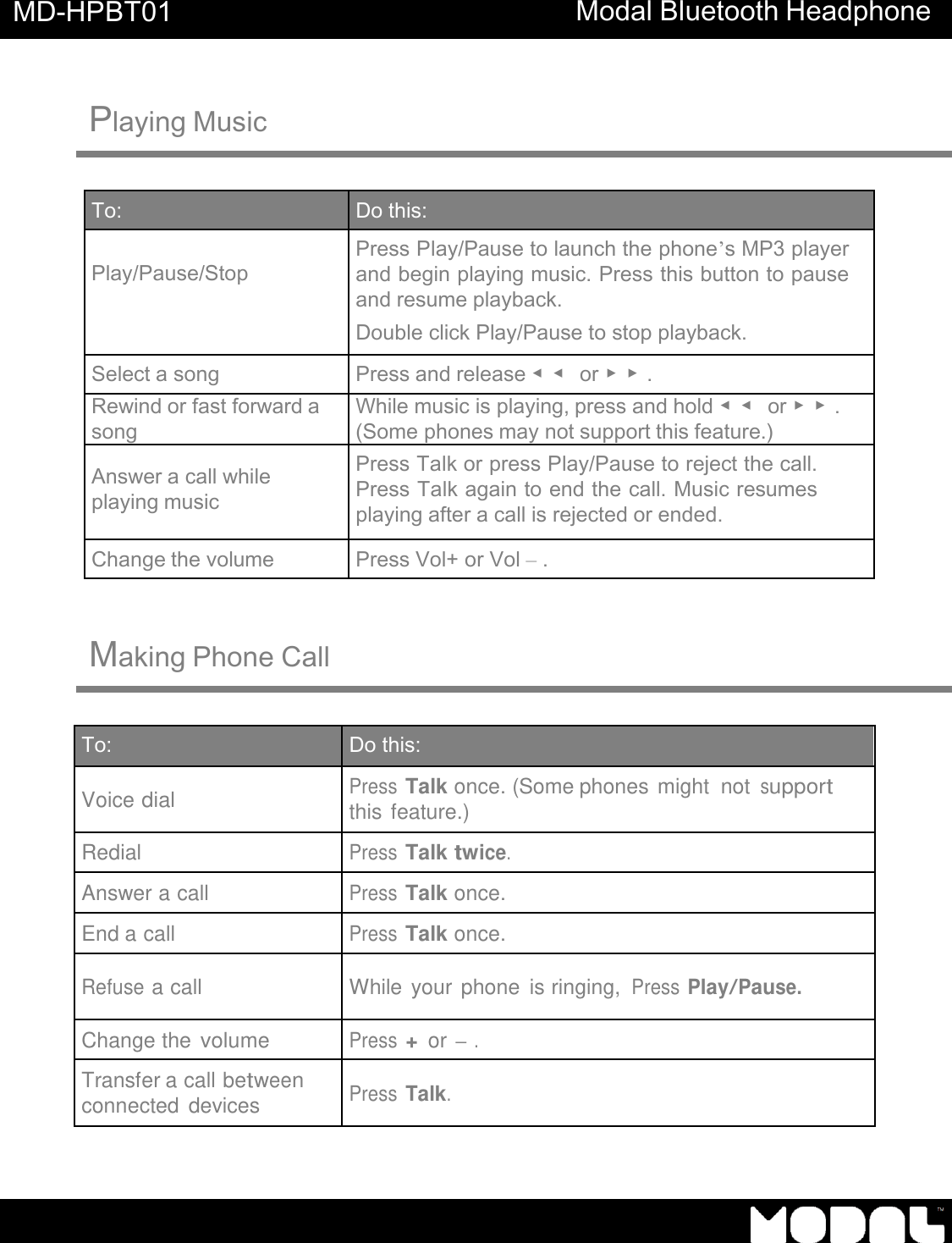   MD-HPBT01 Modal Bluetooth Headphone          Playing Music    To: Do this:  Play/Pause/Stop Press Play/Pause to launch the phone&rsquo;s MP3 player and begin playing music. Press this button to pause and resume playback. Double click Play/Pause to stop playback.  Select a song Press and release ◀◀ or ▶▶. Rewind or fast forward a song While music is playing, press and hold ◀◀ or ▶▶. (Some phones may not support this feature.)  Answer a call while playing music Press Talk or press Play/Pause to reject the call. Press Talk again to end the call. Music resumes playing after a call is rejected or ended. Change the volume Press Vol+ or Vol &ndash; .    Making Phone Call    To: Do this:  Voice dial Press Talk once. (Some phones might  not support this feature.) Redial Press Talk twice. Answer a call Press Talk once. End a call Press Talk once.  Refuse a call  While your  phone  is ringing, Press Play/Pause. Change the volume Press +  or &ndash; . Transfer a call between connected  devices  Press Talk. 