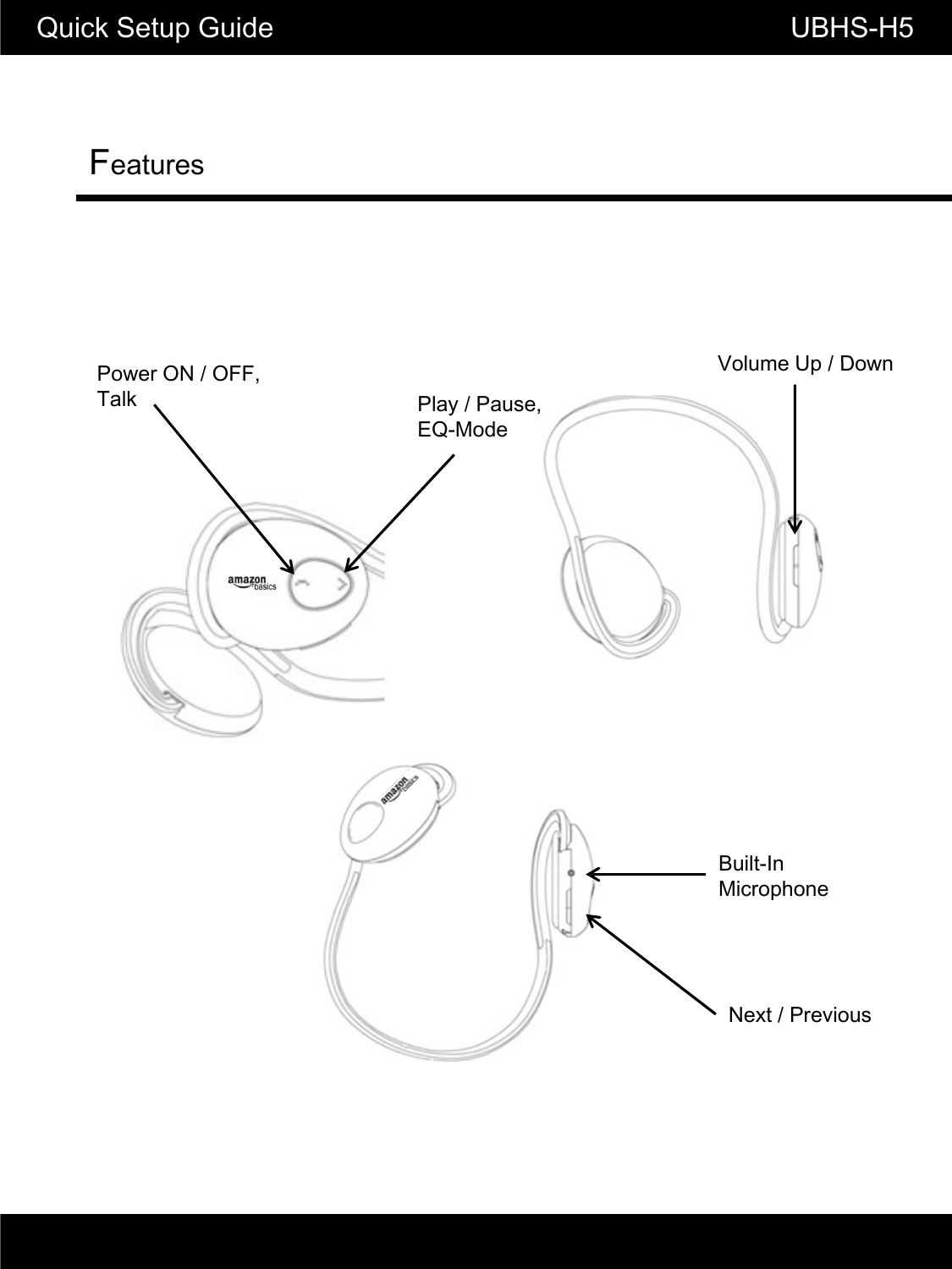 FeaturesQuick Setup Guide                                       UBHS-H5Volume Up / DownPlay / Pause,EQ-ModeVolume Up / DownPower ON / OFF,TalkBuilt-InMicrophoneNext / Previous