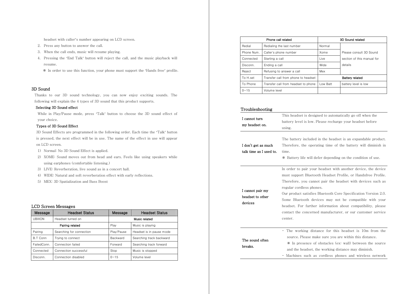 headset with caller&rsquo;s number appearing on LCD screen. 2. Press any button to answer the call. 3. When the call ends, music will resume playing. 4. Pressing the &lsquo;End  Talk&rsquo; button will  reject the call,  and the  music playback will resume.    ※ In order to use this function, your phone must support the &lsquo;Hands free&rsquo; profile.   3D Sound Thanks  to  our  3D  sound  technology, you can now enjoy exciting sounds.  The following will explain the 4 types of 3D sound that this product supports. Selecting 3D Sound effect While  in  Play/Pause  mode,  press  &lsquo;Talk&rsquo; button to choose the 3D sound effect of your choice.   Types of 3D Sound Effect 3D Sound Effects are programmed in the following order. Each time the &lsquo;Talk&rsquo; button is pressed, the next effect will be in use. The name of the effect in use will appear on LCD screen. 1) Normal: No 3D Sound Effect is applied.   2) XOME: Sound moves out from head and ears. Feels like using speakers  while using earphones (comfortable listening.) 3) LIVE: Reverberation, live sound as in a concert hall. 4) WIDE: Natural and soft reverberation effect with early reflections. 5) MEX: 3D Spatialization and Bass Boost    LCD Screen Messages Message  Headset Status  Message  Headset Status UBIXON  Headset turned on  Music related Pairing related  Play  Music is playing Pairing  Searching for connection  Play/Pause  Headset is in pause mode B.T Conn  Trying to connect  Backward  Searching track backward FailedConn.  Connection failed  Forward  Searching track forward Connected  Connection successful  Stop  Music is stopped Disconn.  Connection disabled  0~15  Volume level Phone call related  3D Sound related Redial  Redialing the last number  Normal Phone Num.  Caller's phone number  Xome Connected  Starting a call  Live Disconn.  Ending a call  Wide Reject  Refusing to answer a call  Mex Please consult 3D Sound section of this manual for details To H.set  Transfer call from phone to headset  Battery related To Phone  Transfer call from headset to phone  Low Batt  battery level is low 0~15  Volume level        Troubleshooting I cannot turn   my headset on. This headset is designed to automatically go off when the battery level is low. Please recharge your headset before using. I don&rsquo;t get as much   talk time as I used to. The battery included in the headset is an expandable product. Therefore, the operating time of the battery will diminish in time. ※  Battery life will defer depending on the condition of use. I cannot pair my headset to other devices In order  to pair your headset with another device,  the device must support Bluetooth Headset Profile, or Handsfree Profile. Therefore,  you  cannot  pair  the headset with devices such as regular cordless phones. Our product satisfies Bluetooth Core Specification Version 2.0. Some  Bluetooth  devices  may  not  be  compatible  with  your headset.  For  further  information  about  compatibility,  please contact the  concerned manufacturer, or  our  customer service center.  The sound often breaks. -  The  working  distance  for  this  headset  is  10m  from  the source. Please make sure you are within this distance.   ※  In  presence  of  obstacles (ex: wall) between the source and the headset, the working distance may diminish. -  Machines  such  as  cordless  phones  and  wireless  network 