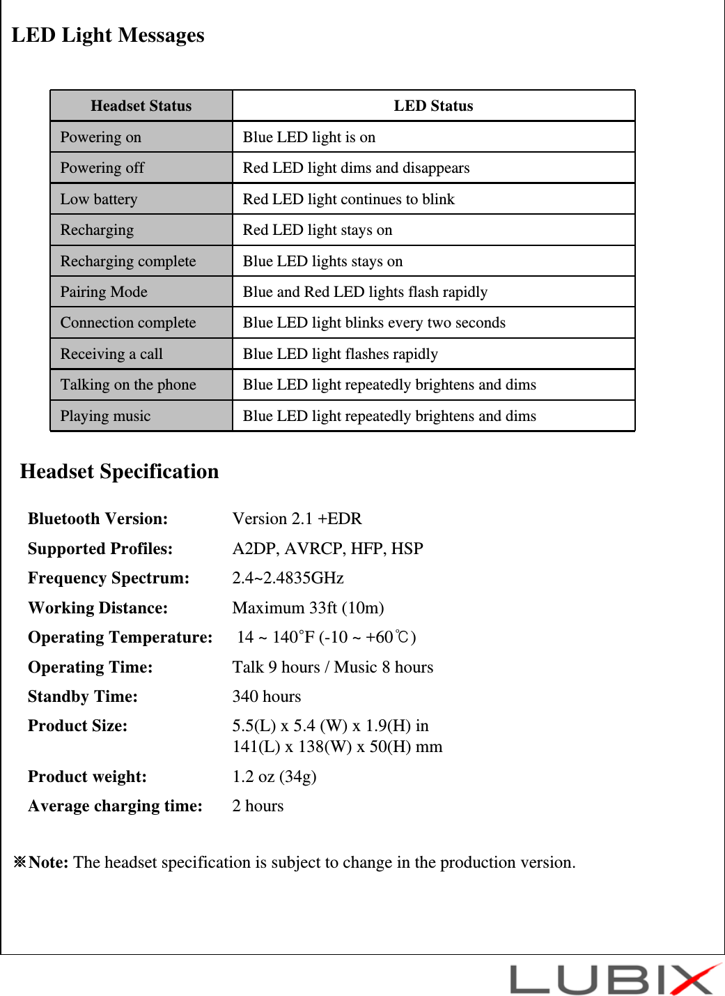 LED Light MessagesHeadset SpecificationBluetooth Version:  Version 2.1 +EDRSupported Profiles:  A2DP, AVRCP, HFP, HSPFrequency Spectrum:  2.4~2.4835GHzWorking Distance:  Maximum 33ft (10m)Operating Temperature:  14 ~ 140&deg;F (-10 ~ +60℃)Operating Time:  Talk 9 hours / Music 8 hoursStandby Time:  340 hoursProduct Size:  5.5(L) x 5.4 (W) x 1.9(H) in 141(L) x 138(W) x 50(H) mmProduct weight:  1.2 oz (34g)Average charging time:  2 hours※Note: The headset specification is subject to change in the production version.Headset Status LED StatusPowering on Blue LED light is onPowering off Red LED light dims and disappearsLow battery Red LED light continues to blinkRecharging Red LED light stays onRecharging complete Blue LED lights stays onPairing Mode Blue and Red LED lights flash rapidlyConnection complete Blue LED light blinks every two secondsReceiving a call Blue LED light flashes rapidlyTalking on the phone Blue LED light repeatedly brightens and dimsPlaying music Blue LED light repeatedly brightens and dims
