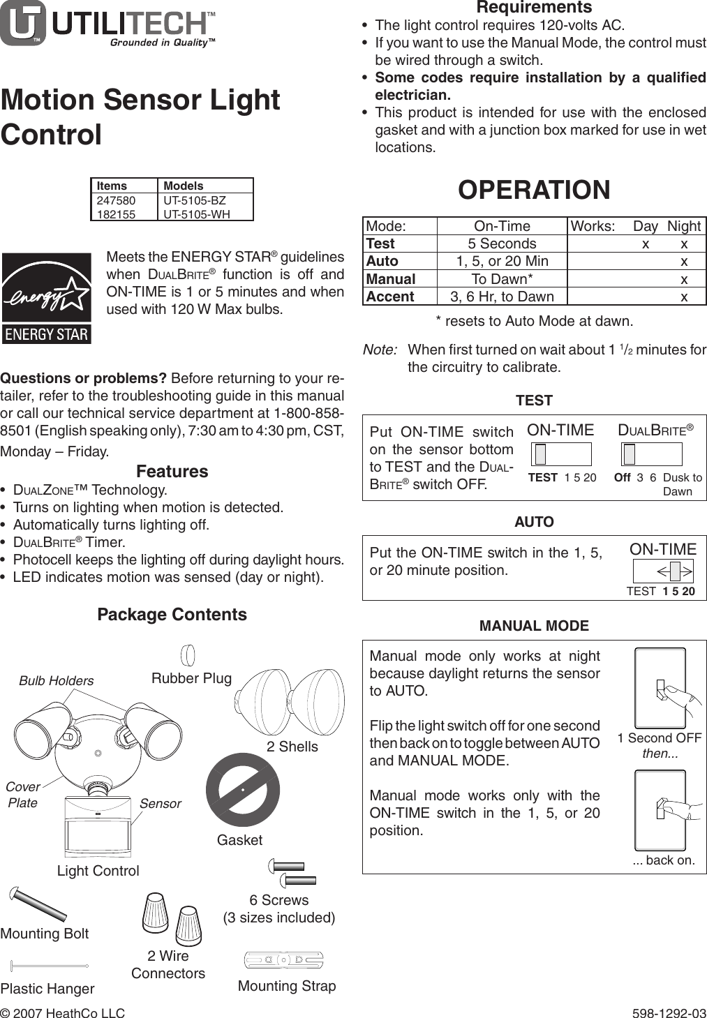 Utilitech Motion Sensor Light Control Ut 5105 Bz Owners Manual