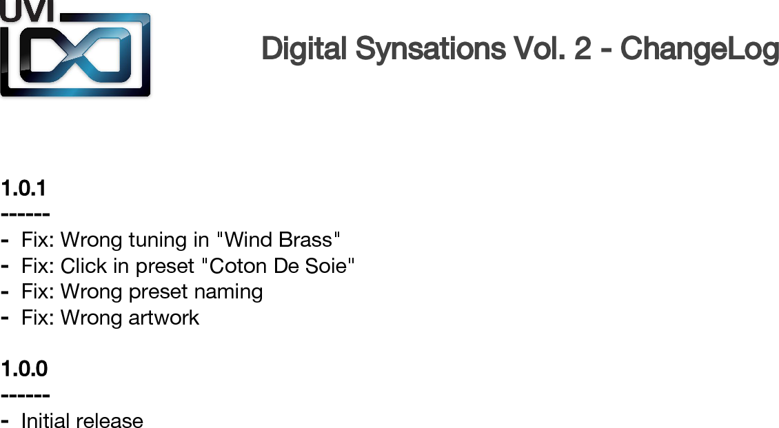 Page 1 of 1 - Uvi Digital-Synsations Vol2 Changelog User Manual