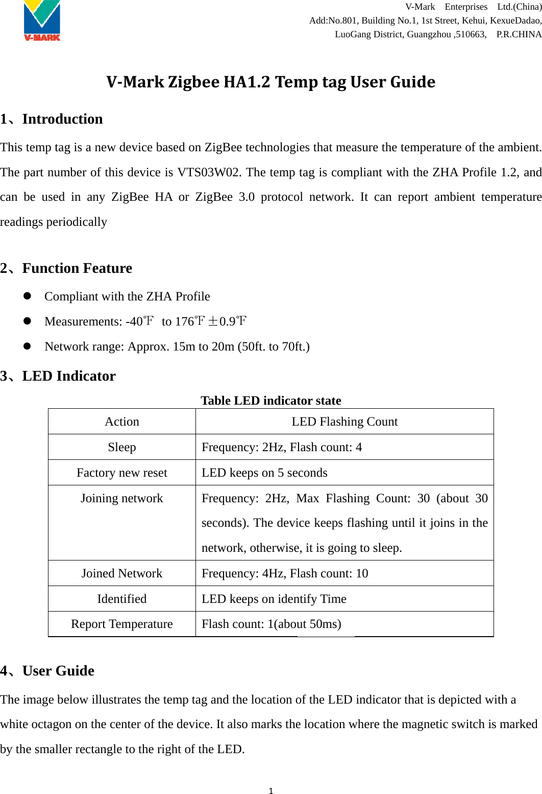 1、ThThcanrea 2、3、 4、Thwhby、Introduhis temp taghe part numn be used adings perio、Functio Com Meas Netw、LED In、User Guhe image behite octagony the smallerV‐Muction g is a new dmber of this in any Zigodically on Featurmpliant with surements: work range: ndicator ActiSleeFactory neJoining nJoined NIdentiReport Temuide elow illustran on the cenr rectangle tMarkZievice baseddevice is VgBee HA oe  the ZHA Pr-40℉ to 17Approx. 15ion ep ew reset network Network ified mperature ates the tempnter of the dto the right gbeeHAd on ZigBeeVTS03W02.or ZigBee 3rofile  76℉±0.9℉5m to 20m (Table LFrequenLED keFrequensecondsnetworkFrequenLED keFlash cop tag and thevice. It alsof the LED1A1.2Teme technologi. The temp 3.0 protoco℉ (50ft. to 70fLED indicatLncy: 2Hz, Fleeps on 5 sency: 2Hz, Ms). The devik, otherwisency: 4Hz, Fleeps on idenount: 1(abouhe location oso marks theD. Add:No.801LuoGmptagUies that meatag is compol network. ft.) tor state LED Flashinlash count: econds Max Flashiice keeps fle, it is goinglash count: ntify Timeut 50ms) of the LED e location w V-1, Building No.Gang District, GUserGuiasure the templiant with It can repng Count 4 ing Count: ashing untig to sleep. 10 indicator thwhere the mV-Mark  Enterp1, 1st Street, KGuangzhou ,510idemperature othe ZHA Pport ambien30 (about l it joins in hat is depictagnetic swiprises  Ltd.(Chehui, KexueDa0663,  P.R.CHIof the ambierofile 1.2, ant temperatu30 the ted with a tch is markhina) dao, INA ent. and ure ed 