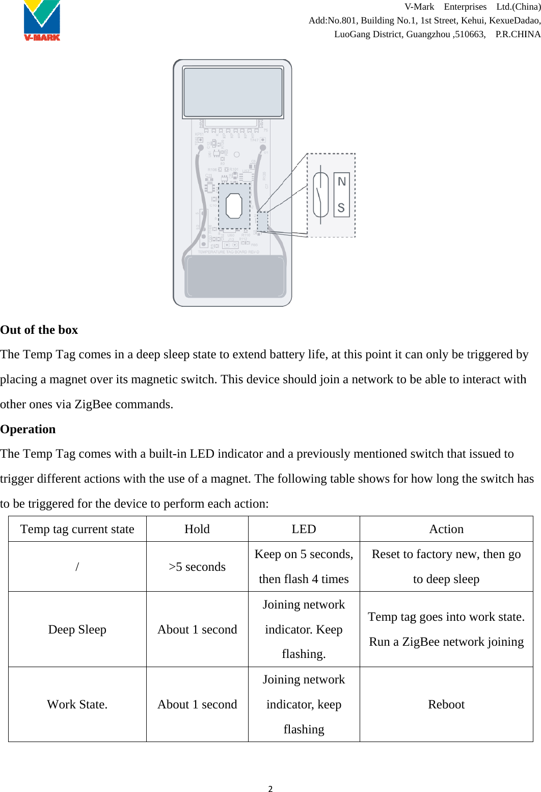 OuThplaothOpThtrigto  ut of the bohe Temp Taacing a magher ones viaperation he Temp Tagger differebe triggeredTemp tag DeepWorox ag comes in gnet over itsa ZigBee coag comes wient actions wd for the decurrent stat/ p Sleep rk State. a deep slees magnetic sommands. ith a built-inwith the usevice to perfte &gt;5 AbouAbouep state to exswitch. Thisn LED indice of a magneform each aHold seconds ut 1 secondut 1 second2xtend batters device shocator and a pet. The folloction: LKeep onthen flaJoiningindicatflasJoiningindicaflaAdd:No.801LuoGry life, at thould join a npreviously mowing tableLED n 5 seconds, ash 4 timesg network tor. Keep shing. g network ator, keep shing  V-1, Building No.Gang District, G is point it cnetwork to bmentioned se shows for Reset toTemp tagRun a ZiV-Mark  Enterp1, 1st Street, KGuangzhou ,510an only be tbe able to inswitch that how long thAction o factory newto deep sleg goes into igBee netwoReboot prises  Ltd.(Chehui, KexueDa0663,  P.R.CHItriggered bynteract withissued to he switch haw, then go ep work state. ork joininghina) dao, INA y h as 