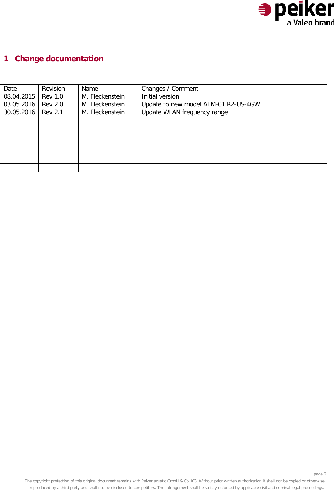     page 2 The copyright protection of this original document remains with Peiker acustic GmbH &amp; Co. KG. Without prior written authorization it shall not be copied or otherwise reproduced by a third party and shall not be disclosed to competitors. The infringement shall be strictly enforced by applicable civil and criminal legal proceedings.  1 Change documentation  Date Revision Name Changes / Comment 08.04.2015 Rev 1.0 M. Fleckenstein Initial version  03.05.2016 Rev 2.0 M. Fleckenstein Update to new model ATM-01 R2-US-4GW  30.05.2016 Rev 2.1 M. Fleckenstein Update WLAN frequency range                                 