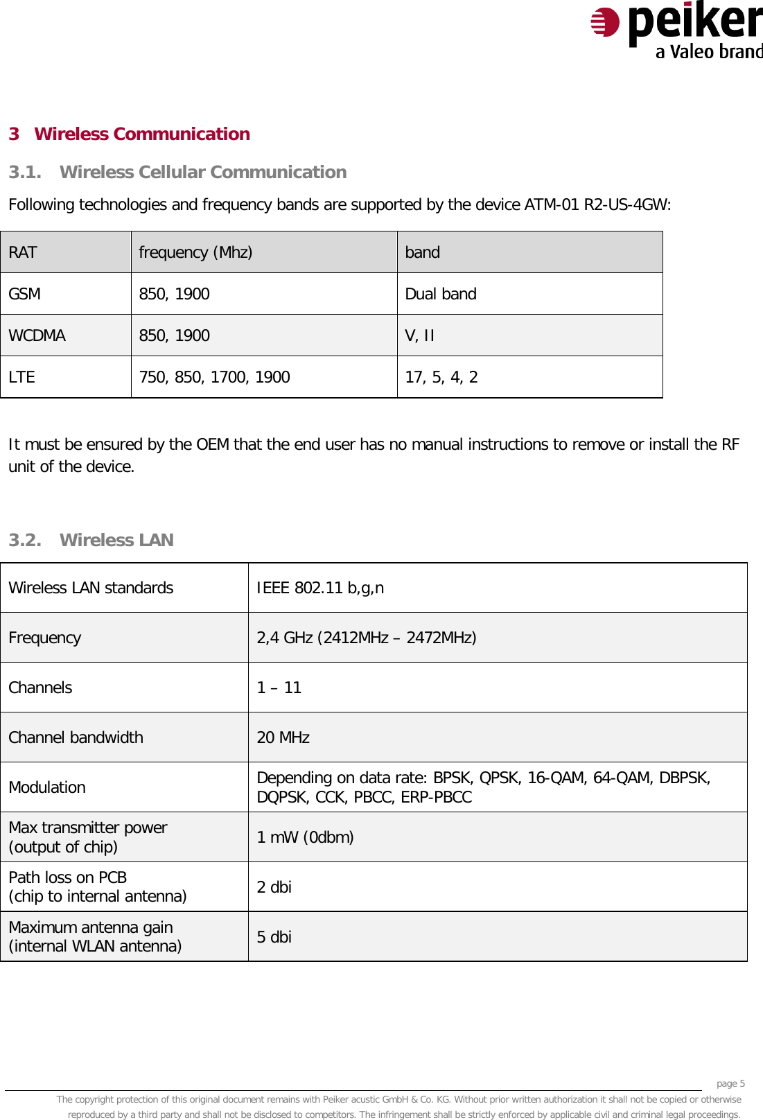     page 5 The copyright protection of this original document remains with Peiker acustic GmbH &amp; Co. KG. Without prior written authorization it shall not be copied or otherwise reproduced by a third party and shall not be disclosed to competitors. The infringement shall be strictly enforced by applicable civil and criminal legal proceedings.  3 Wireless Communication 3.1. Wireless Cellular Communication Following technologies and frequency bands are supported by the device ATM-01 R2-US-4GW: RAT frequency (Mhz) band GSM 850, 1900   Dual band WCDMA 850, 1900 V, II LTE  750, 850, 1700, 1900  17, 5, 4, 2  It must be ensured by the OEM that the end user has no manual instructions to remove or install the RF unit of the device.  3.2. Wireless LAN Wireless LAN standards IEEE 802.11 b,g,n  Frequency 2,4 GHz (2412MHz – 2472MHz)   Channels 1 – 11 Channel bandwidth 20 MHz Modulation Depending on data rate: BPSK, QPSK, 16-QAM, 64-QAM, DBPSK, DQPSK, CCK, PBCC, ERP-PBCC Max transmitter power (output of chip) 1 mW (0dbm) Path loss on PCB  (chip to internal antenna) 2 dbi Maximum antenna gain (internal WLAN antenna) 5 dbi   