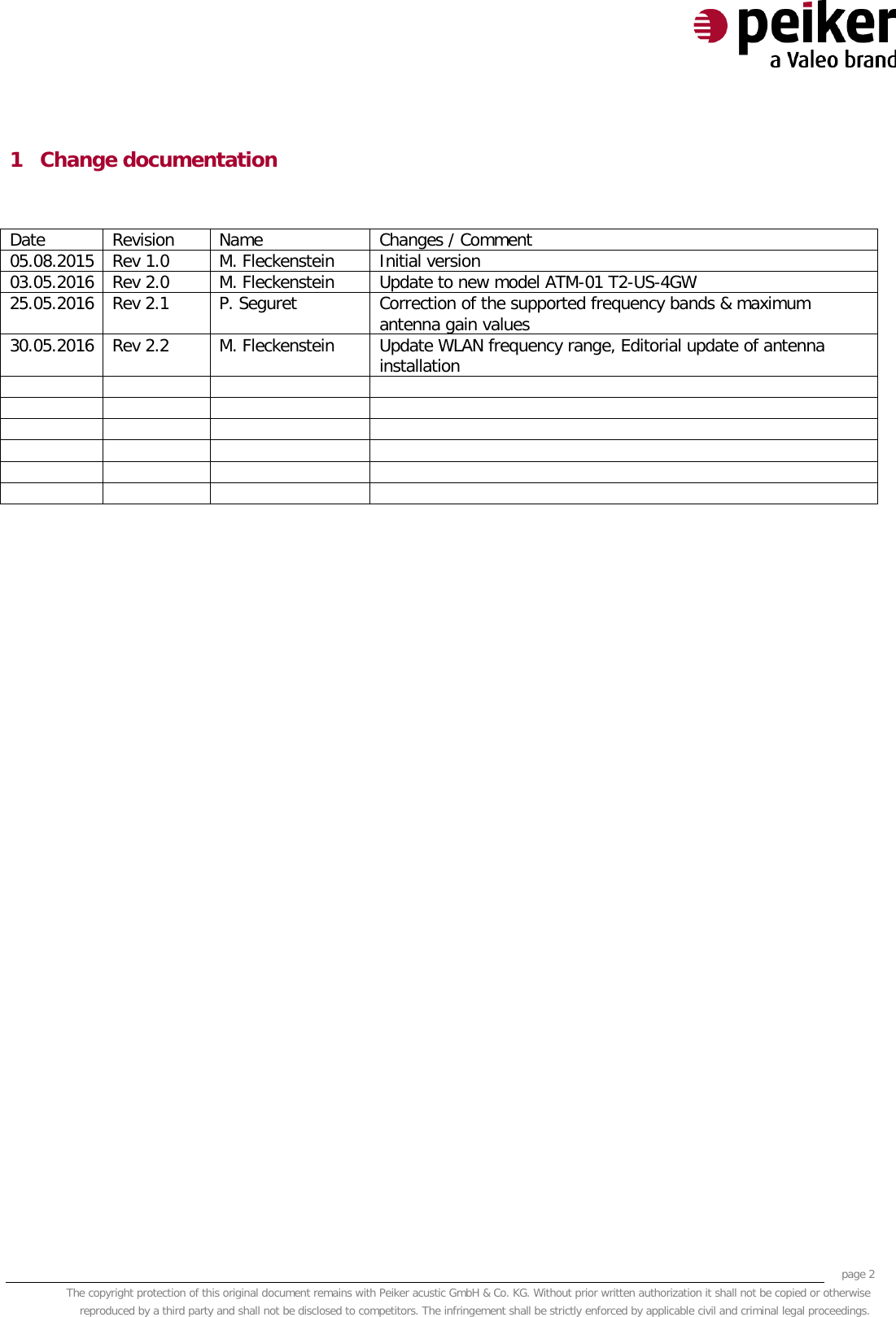     page 2 The copyright protection of this original document remains with Peiker acustic GmbH &amp; Co. KG. Without prior written authorization it shall not be copied or otherwise reproduced by a third party and shall not be disclosed to competitors. The infringement shall be strictly enforced by applicable civil and criminal legal proceedings.  1 Change documentation  Date Revision Name Changes / Comment 05.08.2015 Rev 1.0 M. Fleckenstein Initial version  03.05.2016 Rev 2.0 M. Fleckenstein Update to new model ATM-01 T2-US-4GW  25.05.2016 Rev 2.1 P. Seguret Correction of the supported frequency bands &amp; maximum antenna gain values 30.05.2016 Rev 2.2 M. Fleckenstein Update WLAN frequency range, Editorial update of antenna installation                             