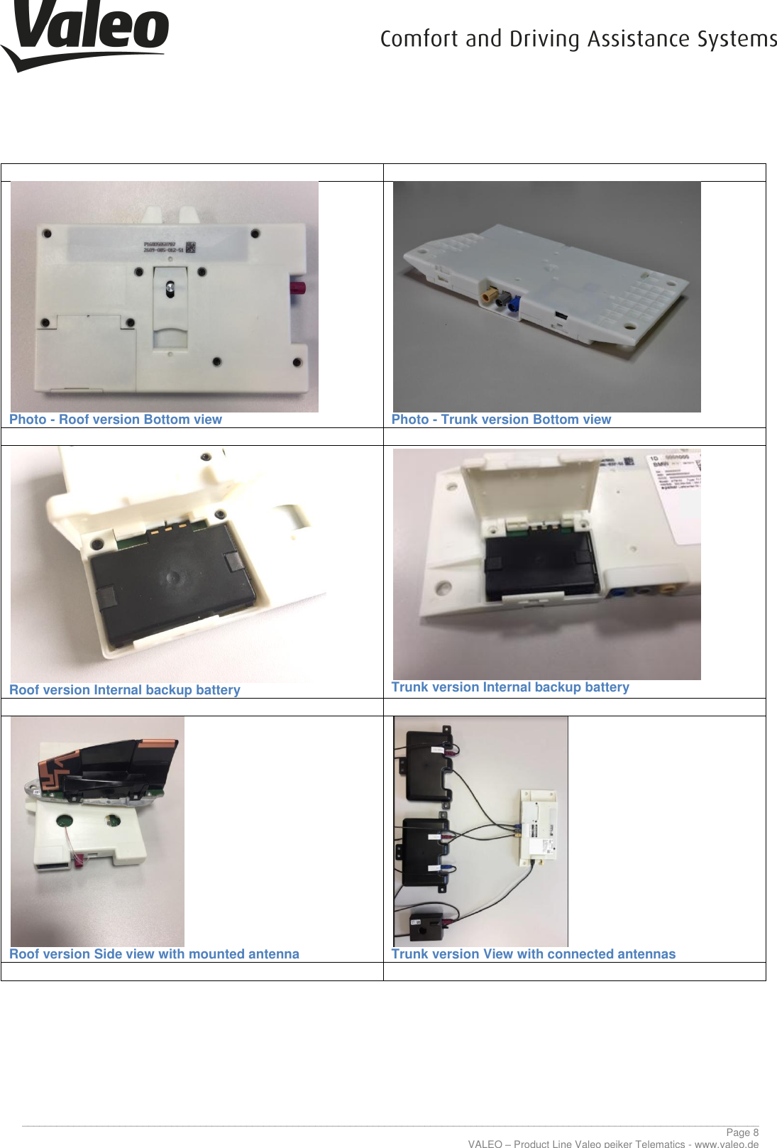      ________________________________________________________________________________________________________________________________ Page 8 VALEO – Product Line Valeo peiker Telematics - www.valeo.de    Photo - Roof version Bottom view  Photo - Trunk version Bottom view    Roof version Internal backup battery  Trunk version Internal backup battery    Roof version Side view with mounted antenna  Trunk version View with connected antennas        