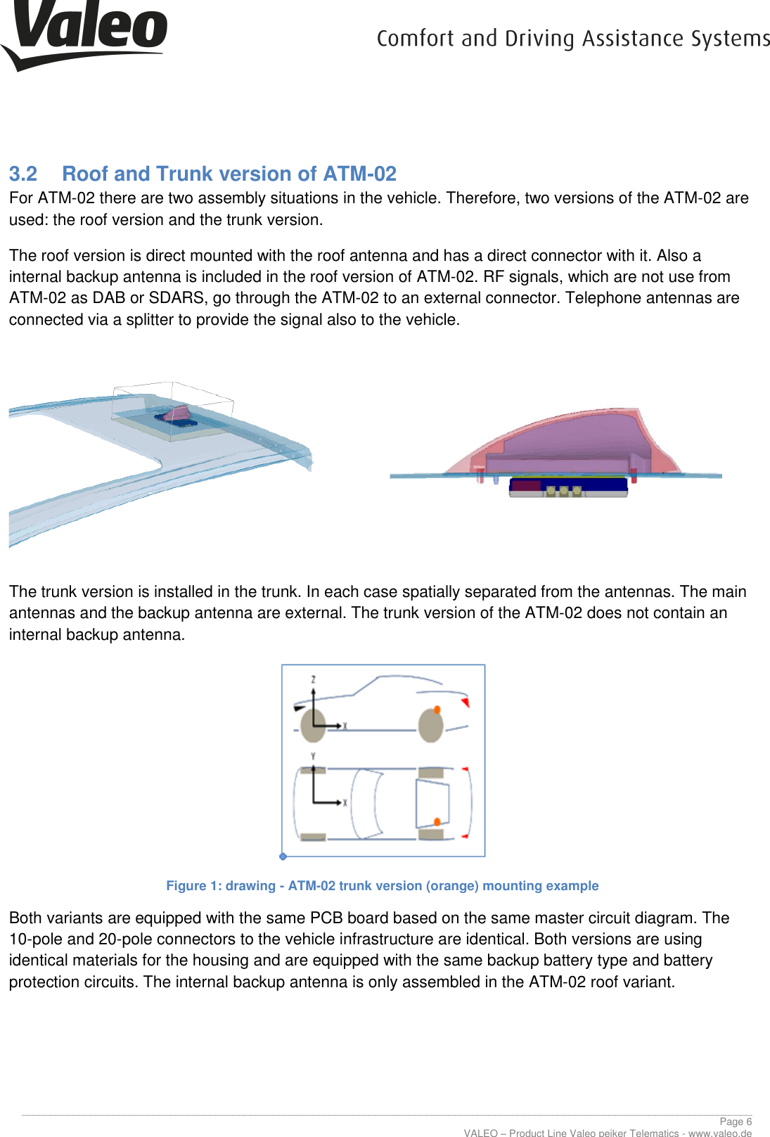      ________________________________________________________________________________________________________________________________ Page 6 VALEO – Product Line Valeo peiker Telematics - www.valeo.de 3.2  Roof and Trunk version of ATM-02 For ATM-02 there are two assembly situations in the vehicle. Therefore, two versions of the ATM-02 are used: the roof version and the trunk version. The roof version is direct mounted with the roof antenna and has a direct connector with it. Also a internal backup antenna is included in the roof version of ATM-02. RF signals, which are not use from ATM-02 as DAB or SDARS, go through the ATM-02 to an external connector. Telephone antennas are connected via a splitter to provide the signal also to the vehicle.      The trunk version is installed in the trunk. In each case spatially separated from the antennas. The main antennas and the backup antenna are external. The trunk version of the ATM-02 does not contain an internal backup antenna.  Figure 1: drawing - ATM-02 trunk version (orange) mounting example Both variants are equipped with the same PCB board based on the same master circuit diagram. The 10-pole and 20-pole connectors to the vehicle infrastructure are identical. Both versions are using identical materials for the housing and are equipped with the same backup battery type and battery protection circuits. The internal backup antenna is only assembled in the ATM-02 roof variant.    