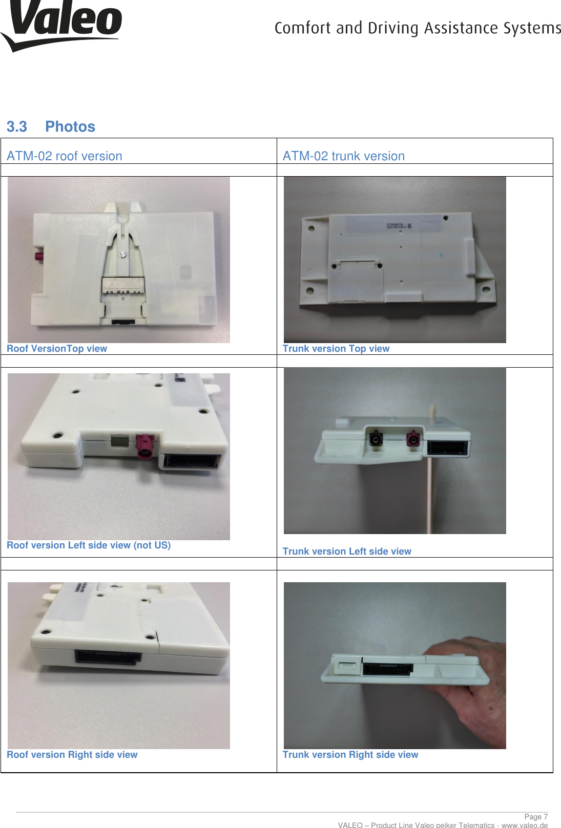      ________________________________________________________________________________________________________________________________ Page 7 VALEO – Product Line Valeo peiker Telematics - www.valeo.de 3.3  Photos ATM-02 roof version ATM-02 trunk version    Roof VersionTop view  Trunk version Top view    Roof version Left side view (not US)   Trunk version Left side view    Roof version Right side view   Trunk version Right side view     