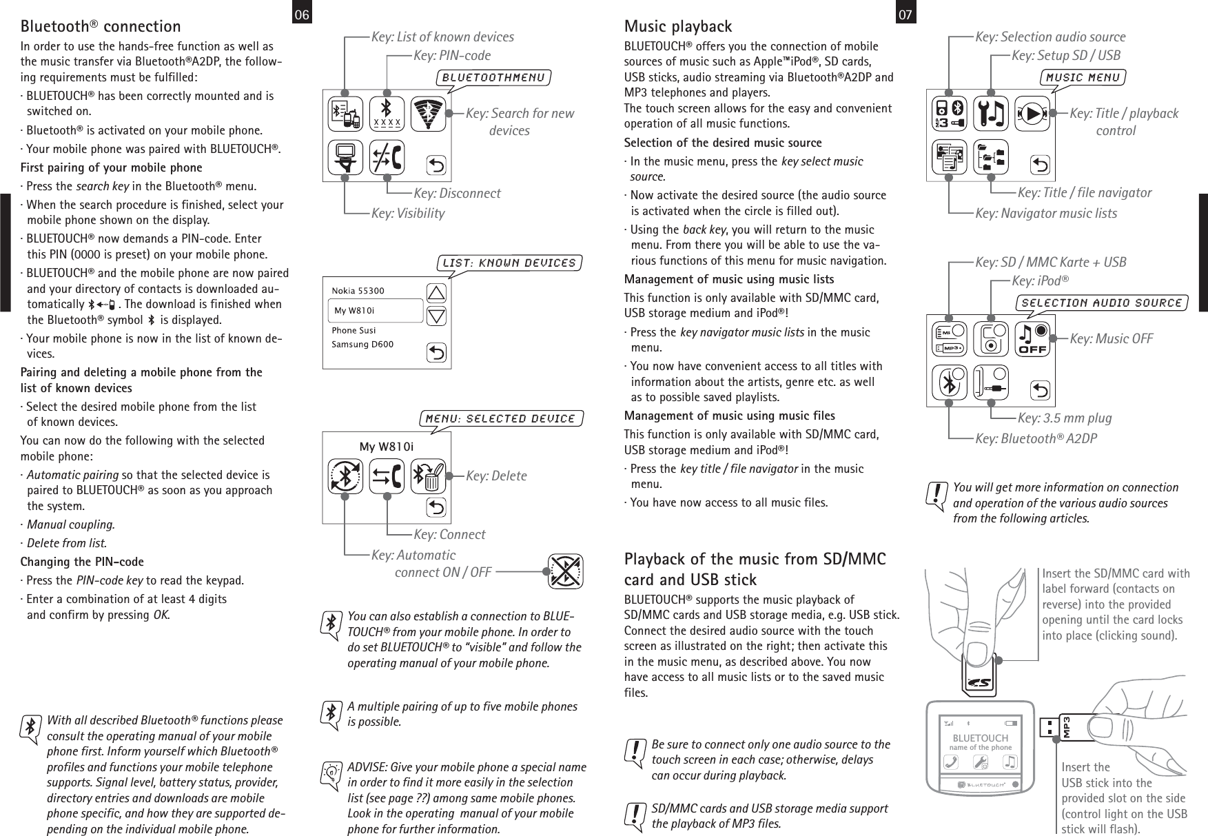 06List: known devices07music menuKey: Title / playback         controlKey: Navigator music listsKey: Title / file navigatorKey: Selection audio sourceKey: Setup SD / USBMusic playbackBLUETOUCH® offers you the connection of mobilesources of music such as Apple™iPod®, SD cards,USB sticks, audio streaming via Bluetooth®A2DP andMP3 telephones and players.The touch screen allows for the easy and convenientoperation of all music functions.Selection of the desired music source· In the music menu, press the key select music  source.· Now activate the desired source (the audio source  is activated when the circle is filled out).· Using the back key, you will return to the music  menu. From there you will be able to use the va-  rious functions of this menu for music navigation.Management of music using music listsThis function is only available with SD/MMC card,USB storage medium and iPod®!· Press the key navigator music lists in the music  menu.· You now have convenient access to all titles with  information about the artists, genre etc. as well  as to possible saved playlists.Management of music using music filesThis function is only available with SD/MMC card,USB storage medium and iPod®!· Press the key title / file navigator in the music  menu.· You have now access to all music files.selection audio sourceKey: Music OFFKey: Bluetooth® A2DPKey: 3.5 mm plugKey: SD / MMC Karte + USBKey: iPod®You will get more information on connectionand operation of the various audio sourcesfrom the following articles.BLUETOUCHname of the phonePlayback of the music from SD/MMCcard and USB stickBLUETOUCH® supports the music playback ofSD/MMC cards and USB storage media, e.g. USB stick.Connect the desired audio source with the touch screen as illustrated on the right; then activate thisin the music menu, as described above. You nowhave access to all music lists or to the saved musicfiles.Insert the SD/MMC card withlabel forward (contacts onreverse) into the providedopening until the card locksinto place (clicking sound).Insert theUSB stick into theprovided slot on the side(control light on the USBstick will flash).Be sure to connect only one audio source to thetouch screen in each case; otherwise, delayscan occur during playback.SD/MMC cards and USB storage media supportthe playback of MP3 files.Bluetooth® connectionIn order to use the hands-free function as well asthe music transfer via Bluetooth®A2DP, the follow-ing requirements must be fulfilled:· BLUETOUCH® has been correctly mounted and is  switched on.· Bluetooth® is activated on your mobile phone.· Your mobile phone was paired with BLUETOUCH®.First pairing of your mobile phone· Press the search key in the Bluetooth® menu.· When the search procedure is finished, select your  mobile phone shown on the display.· BLUETOUCH® now demands a PIN-code. Enter  this PIN (0000 is preset) on your mobile phone.· BLUETOUCH® and the mobile phone are now paired  and your directory of contacts is downloaded au-  tomatically          . The download is finished when  the Bluetooth® symbol     is displayed.· Your mobile phone is now in the list of known de-  vices.Pairing and deleting a mobile phone from thelist of known devices· Select the desired mobile phone from the list  of known devices.You can now do the following with the selectedmobile phone:· Automatic pairing so that the selected device is  paired to BLUETOUCH® as soon as you approach  the system.· Manual coupling.· Delete from list.Changing the PIN-code· Press the PIN-code key to read the keypad.· Enter a combination of at least 4 digits  and confirm by pressing OK.You can also establish a connection to BLUE-TOUCH® from your mobile phone. In order todo set BLUETOUCH® to “visible” and follow theoperating manual of your mobile phone.  BluetoothmenuKey: Search for new        devicesKey: VisibilityKey: DisconnectKey: List of known devicesKey: PIN-codeMy W810iKey: Automatic        connect ON / OFFKey: ConnectKey: Deletemenu: selected deviceA multiple pairing of up to five mobile phonesis possible.ADVISE: Give your mobile phone a special namein order to find it more easily in the selectionlist (see page ??) among same mobile phones. Look in the operating  manual of your mobile phone for further information.  With all described Bluetooth® functions pleaseconsult the operating manual of your mobilephone first. Inform yourself which Bluetooth® profiles and functions your mobile telephonesupports. Signal level, battery status, provider,directory entries and downloads are mobilephone specific, and how they are supported de-pending on the individual mobile phone.