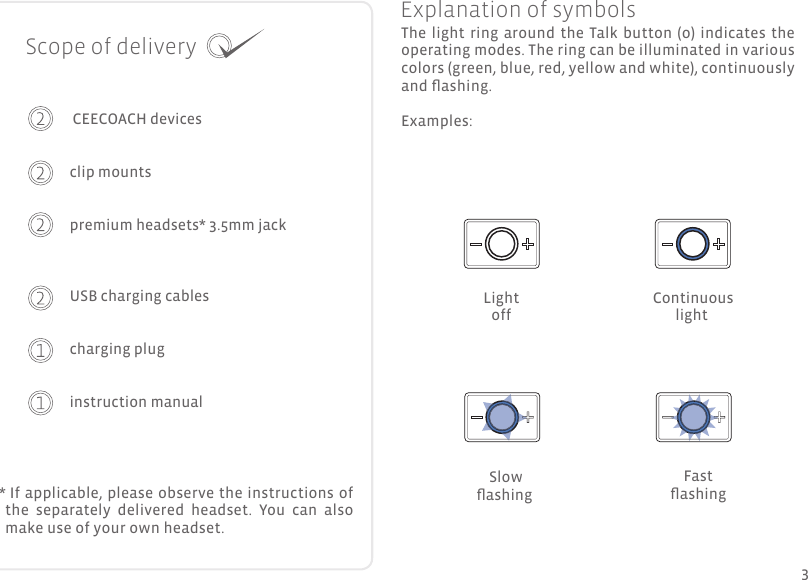 Scope of delivery CEECOACH devices clip mounts premium headsets* 3.5mm jackUSB charging cables charging plug  instruction manualThe light ring around the  Talk button  (o)  indicates  the operating modes. The ring can be illuminated in various colors (green, blue, red, yellow and white), continuously and ﬂ ashing. Examples:Fast ﬂ ashing Continuous lightLightoff  Slow ﬂ ashing Explanation of symbols If applicable, please observe the instructions of the  separately  delivered  headset.  You  can  also make use of your own headset.* 3