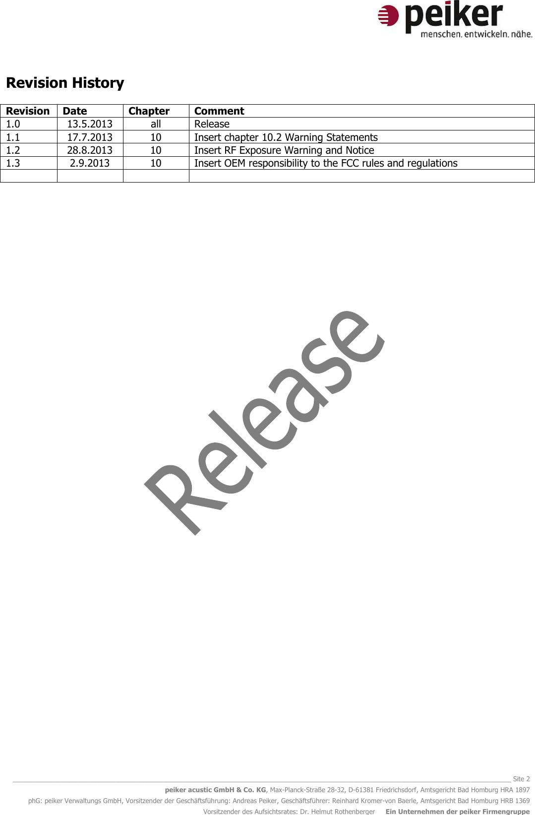   ________________________________________________________________________________________________________________________________________ Site 2 peiker acustic GmbH &amp; Co. KG, Max-Planck-Straße 28-32, D-61381 Friedrichsdorf, Amtsgericht Bad Homburg HRA 1897 phG: peiker Verwaltungs GmbH, Vorsitzender der Geschäftsführung: Andreas Peiker, Geschäftsführer: Reinhard Kromer-von Baerle, Amtsgericht Bad Homburg HRB 1369 Vorsitzender des Aufsichtsrates: Dr. Helmut Rothenberger     Ein Unternehmen der peiker Firmengruppe Revision History Revision Date Chapter Comment 1.0  13.5.2013 all Release 1.1 17.7.2013 10 Insert chapter 10.2 Warning Statements 1.2 28.8.2013 10 Insert RF Exposure Warning and Notice 1.3 2.9.2013 10 Insert OEM responsibility to the FCC rules and regulations         
