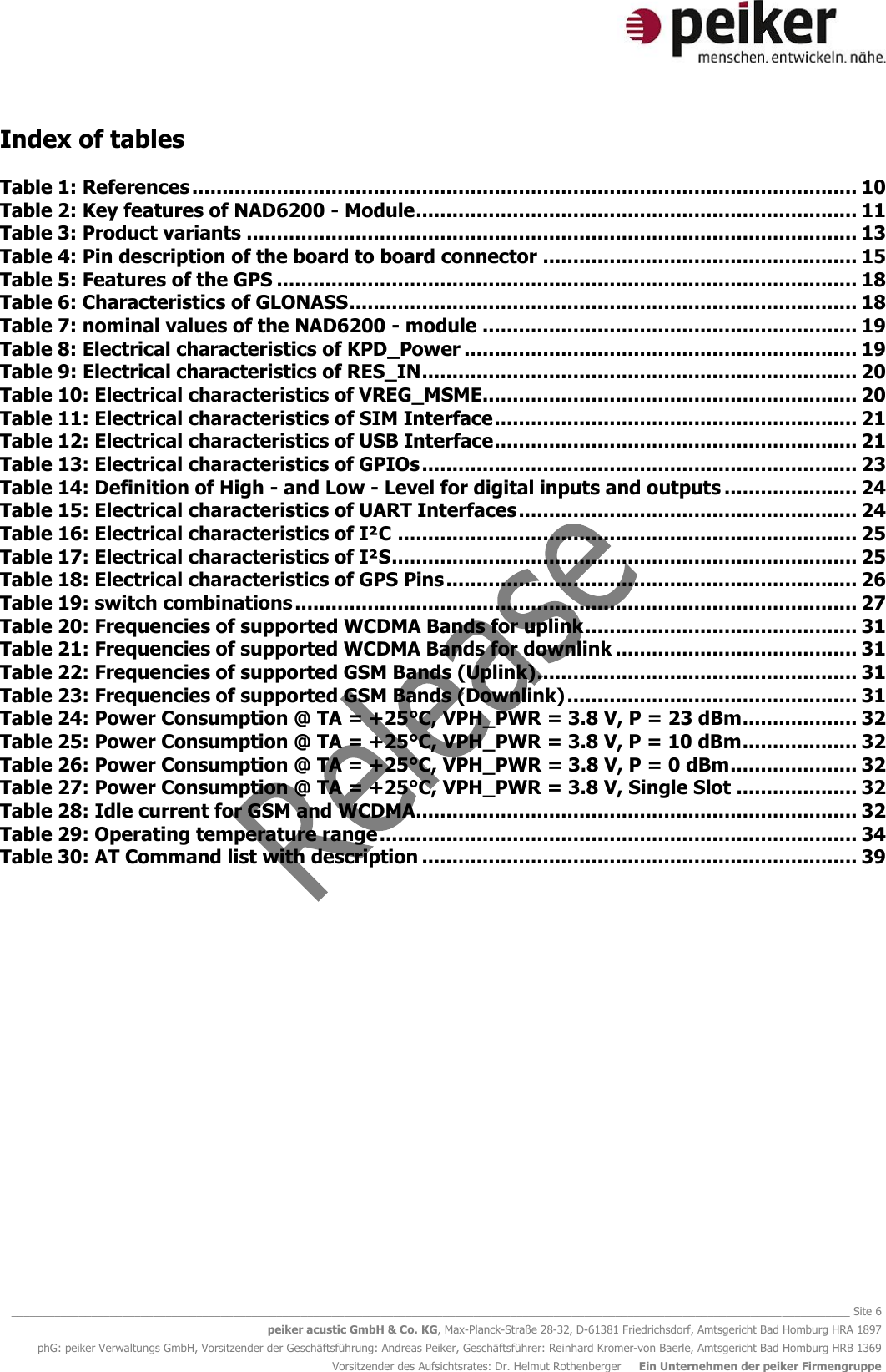   ________________________________________________________________________________________________________________________________________ Site 6 peiker acustic GmbH &amp; Co. KG, Max-Planck-Straße 28-32, D-61381 Friedrichsdorf, Amtsgericht Bad Homburg HRA 1897 phG: peiker Verwaltungs GmbH, Vorsitzender der Geschäftsführung: Andreas Peiker, Geschäftsführer: Reinhard Kromer-von Baerle, Amtsgericht Bad Homburg HRB 1369 Vorsitzender des Aufsichtsrates: Dr. Helmut Rothenberger     Ein Unternehmen der peiker Firmengruppe Index of tables Table 1: References .............................................................................................................. 10 Table 2: Key features of NAD6200 - Module ......................................................................... 11 Table 3: Product variants ..................................................................................................... 13 Table 4: Pin description of the board to board connector .................................................... 15 Table 5: Features of the GPS ................................................................................................ 18 Table 6: Characteristics of GLONASS .................................................................................... 18 Table 7: nominal values of the NAD6200 - module .............................................................. 19 Table 8: Electrical characteristics of KPD_Power ................................................................. 19 Table 9: Electrical characteristics of RES_IN ........................................................................ 20 Table 10: Electrical characteristics of VREG_MSME.............................................................. 20 Table 11: Electrical characteristics of SIM Interface ............................................................ 21 Table 12: Electrical characteristics of USB Interface ............................................................ 21 Table 13: Electrical characteristics of GPIOs ........................................................................ 23 Table 14: Definition of High - and Low - Level for digital inputs and outputs ...................... 24 Table 15: Electrical characteristics of UART Interfaces ........................................................ 24 Table 16: Electrical characteristics of I²C ............................................................................ 25 Table 17: Electrical characteristics of I²S ............................................................................. 25 Table 18: Electrical characteristics of GPS Pins .................................................................... 26 Table 19: switch combinations ............................................................................................. 27 Table 20: Frequencies of supported WCDMA Bands for uplink ............................................. 31 Table 21: Frequencies of supported WCDMA Bands for downlink ........................................ 31 Table 22: Frequencies of supported GSM Bands (Uplink) ..................................................... 31 Table 23: Frequencies of supported GSM Bands (Downlink) ................................................ 31 Table 24: Power Consumption @ TA = +25°C, VPH_PWR = 3.8 V, P = 23 dBm ................... 32 Table 25: Power Consumption @ TA = +25°C, VPH_PWR = 3.8 V, P = 10 dBm ................... 32 Table 26: Power Consumption @ TA = +25°C, VPH_PWR = 3.8 V, P = 0 dBm ..................... 32 Table 27: Power Consumption @ TA = +25°C, VPH_PWR = 3.8 V, Single Slot .................... 32 Table 28: Idle current for GSM and WCDMA ......................................................................... 32 Table 29: Operating temperature range ............................................................................... 34 Table 30: AT Command list with description ........................................................................ 39    