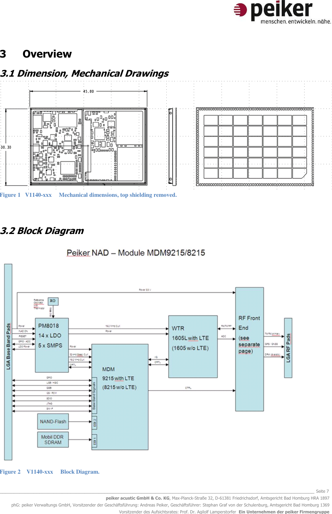   _______________________________________________________________________________________________________________ Seite 7 peiker acustic GmbH &amp; Co. KG, Max-Planck-Straße 32, D-61381 Friedrichsdorf, Amtsgericht Bad Homburg HRA 1897 phG: peiker Verwaltungs GmbH, Vorsitzender der Geschäftsführung: Andreas Peiker, Geschäftsführer: Stephan Graf von der Schulenburg, Amtsgericht Bad Homburg 1369 Vorsitzender des Aufsichtsrates: Prof. Dr. Agilolf Lamperstorfer  Ein Unternehmen der peiker Firmengruppe 3  Overview 3.1 Dimension, Mechanical Drawings  Figure 1   V1140-xxx     Mechanical dimensions, top shielding removed.  3.2 Block Diagram   Figure 2    V1140-xxx     Block Diagram. 