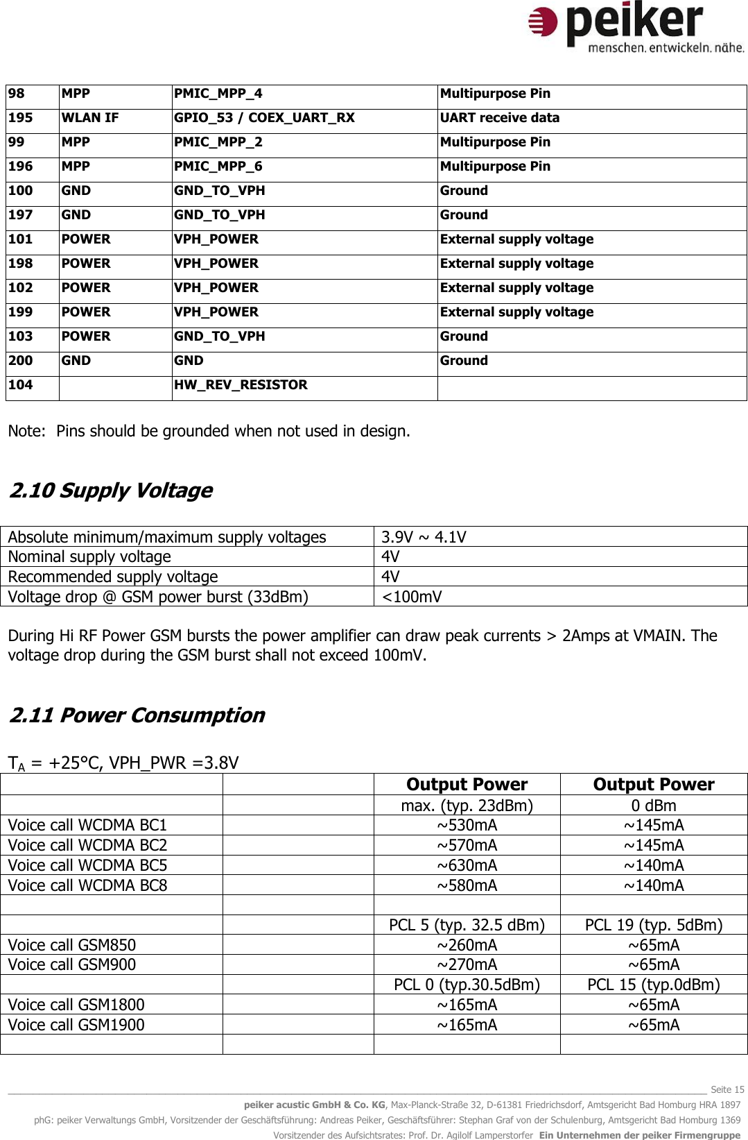   _______________________________________________________________________________________________________________ Seite 15 peiker acustic GmbH &amp; Co. KG, Max-Planck-Straße 32, D-61381 Friedrichsdorf, Amtsgericht Bad Homburg HRA 1897 phG: peiker Verwaltungs GmbH, Vorsitzender der Geschäftsführung: Andreas Peiker, Geschäftsführer: Stephan Graf von der Schulenburg, Amtsgericht Bad Homburg 1369 Vorsitzender des Aufsichtsrates: Prof. Dr. Agilolf Lamperstorfer  Ein Unternehmen der peiker Firmengruppe 98 MPP PMIC_MPP_4 Multipurpose Pin 195 WLAN IF GPIO_53 / COEX_UART_RX UART receive data 99 MPP PMIC_MPP_2 Multipurpose Pin 196 MPP PMIC_MPP_6 Multipurpose Pin 100 GND GND_TO_VPH Ground 197 GND GND_TO_VPH Ground 101 POWER VPH_POWER External supply voltage 198 POWER VPH_POWER External supply voltage 102 POWER VPH_POWER External supply voltage 199 POWER VPH_POWER External supply voltage 103 POWER GND_TO_VPH Ground 200 GND GND Ground 104  HW_REV_RESISTOR   Note:  Pins should be grounded when not used in design.  2.10 Supply Voltage  Absolute minimum/maximum supply voltages 3.9V ~ 4.1V Nominal supply voltage 4V Recommended supply voltage 4V Voltage drop @ GSM power burst (33dBm) &lt;100mV  During Hi RF Power GSM bursts the power amplifier can draw peak currents &gt; 2Amps at VMAIN. The voltage drop during the GSM burst shall not exceed 100mV.  2.11 Power Consumption  TA = +25°C, VPH_PWR =3.8V   Output Power Output Power   max. (typ. 23dBm) 0 dBm Voice call WCDMA BC1  ~530mA ~145mA Voice call WCDMA BC2  ~570mA ~145mA Voice call WCDMA BC5  ~630mA ~140mA Voice call WCDMA BC8  ~580mA ~140mA       PCL 5 (typ. 32.5 dBm) PCL 19 (typ. 5dBm) Voice call GSM850   ~260mA ~65mA Voice call GSM900  ~270mA ~65mA   PCL 0 (typ.30.5dBm) PCL 15 (typ.0dBm) Voice call GSM1800  ~165mA ~65mA Voice call GSM1900  ~165mA ~65mA     
