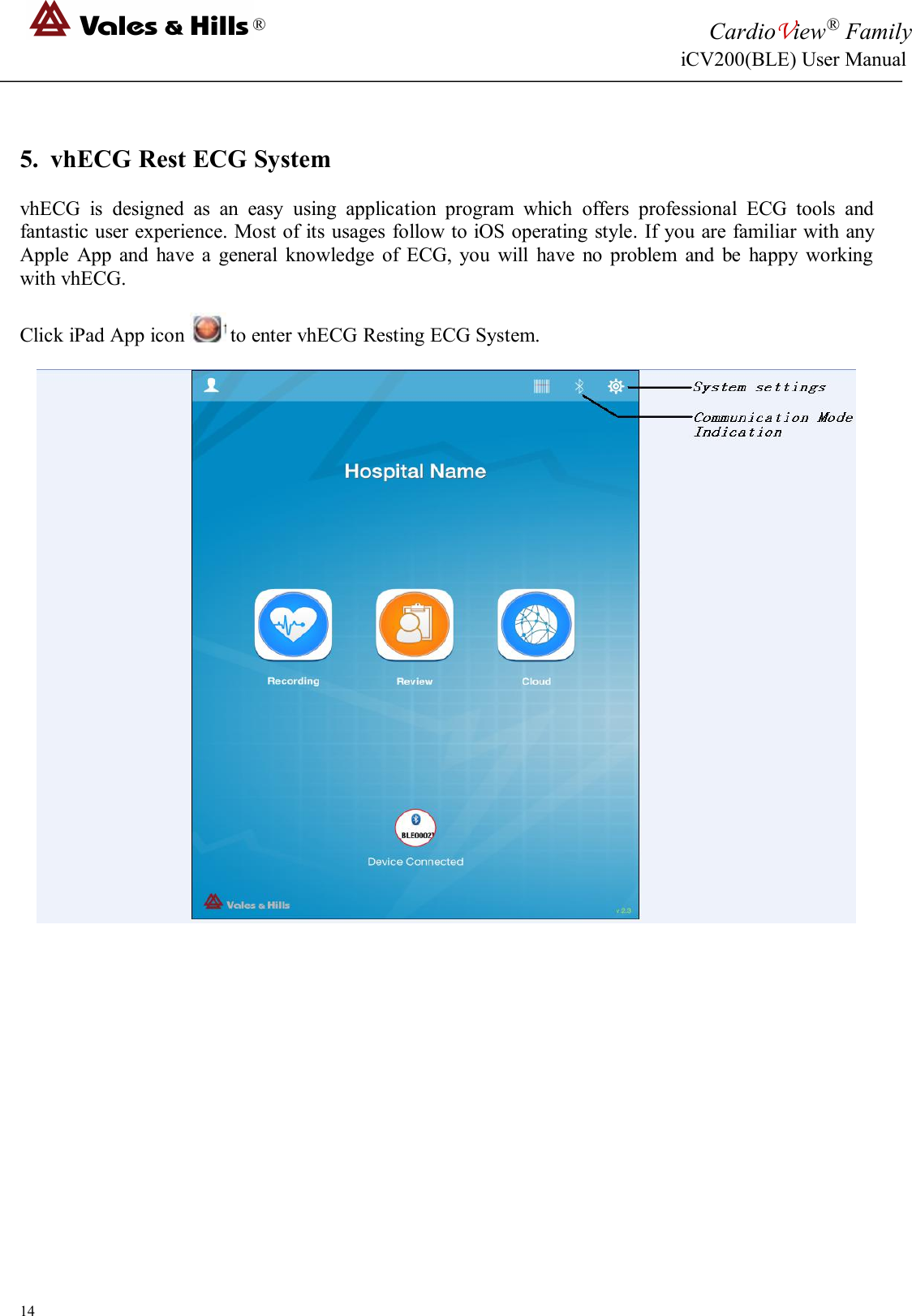 ®CardioView®FamilyiCV200(BLE) User Manual145. vhECG Rest ECG SystemvhECG is designed as an easy using application program which offers professional ECG tools andfantastic user experience. Most of its usages follow to iOS operating style. If you are familiar with anyApple App and have a general knowledge of ECG, you will have no problem and be happy workingwith vhECG.Click iPad App icon to enter vhECG Resting ECG System.