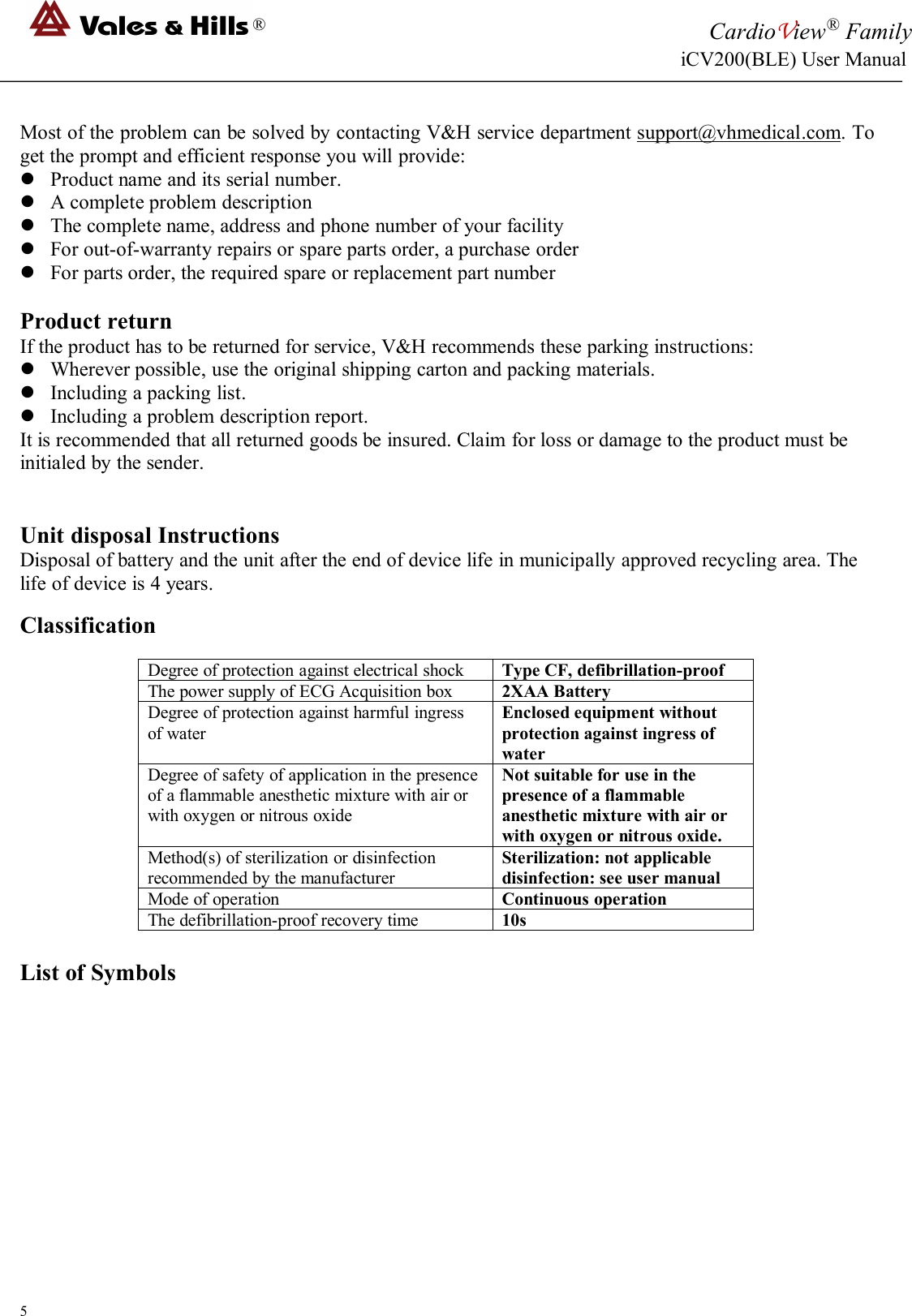 ®CardioView®FamilyiCV200(BLE) User Manual5Most of the problem can be solved by contacting V&amp;H service department support@vhmedical.com. Toget the prompt and efficient response you will provide:Product name and its serial number.A complete problem descriptionThe complete name, address and phone number of your facilityFor out-of-warranty repairs or spare parts order, a purchase orderFor parts order, the required spare or replacement part numberProduct returnIf the product has to be returned for service, V&amp;H recommends these parking instructions:Wherever possible, use the original shipping carton and packing materials.Including a packing list.Including a problem description report.It is recommended that all returned goods be insured. Claim for loss or damage to the product must beinitialed by the sender.Unit disposal InstructionsDisposal of battery and the unit after the end of device life in municipally approved recycling area. Thelife of device is 4 years.ClassificationDegree of protection against electrical shockType CF, defibrillation-proofThe power supply of ECG Acquisition box2XAA BatteryDegree of protection against harmful ingressof waterEnclosed equipment withoutprotection against ingress ofwaterDegree of safety of application in the presenceof a flammable anesthetic mixture with air orwith oxygen or nitrous oxideNot suitable for use in thepresence of a flammableanesthetic mixture with air orwith oxygen or nitrous oxide.Method(s) of sterilization or disinfectionrecommended by the manufacturerSterilization: not applicabledisinfection: see user manualMode of operationContinuous operationThe defibrillation-proof recovery time10sList of Symbols