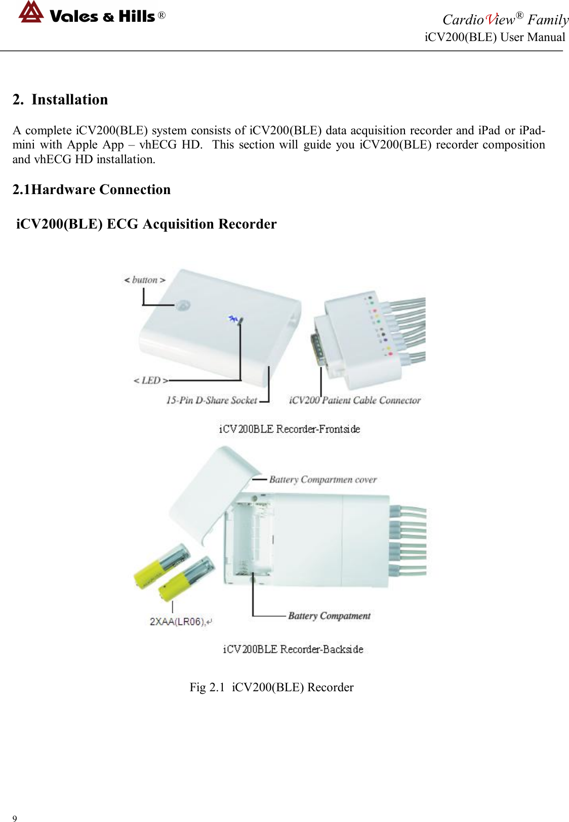 ®CardioView®FamilyiCV200(BLE) User Manual92. InstallationA complete iCV200(BLE) system consists of iCV200(BLE) data acquisition recorder and iPad or iPad-mini with Apple App – vhECG HD. This section will guide you iCV200(BLE) recorder compositionand vhECG HD installation.2.1Hardware ConnectioniCV200(BLE) ECG Acquisition RecorderFig 2.1 iCV200(BLE) Recorder