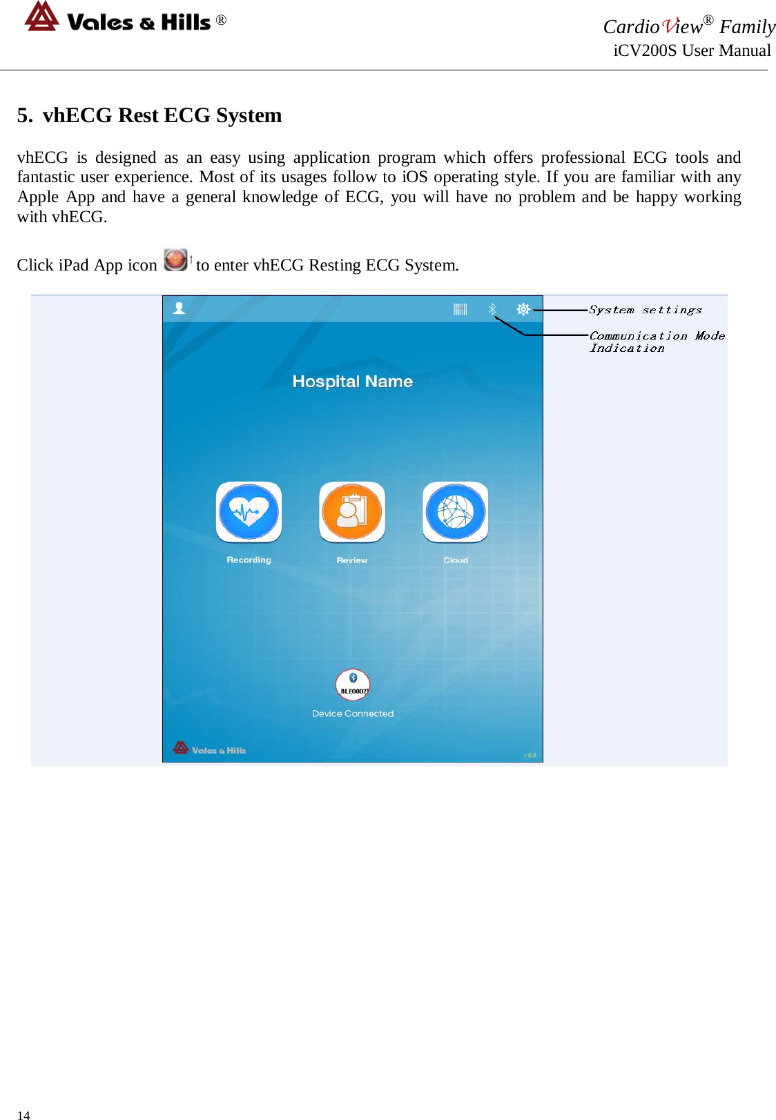 ® CardioView® Family                                                                                                     iCV200S User Manual  5. vhECG Rest ECG System  vhECG is designed as an easy using application program which offers professional ECG tools and fantastic user experience. Most of its usages follow to iOS operating style. If you are familiar with any Apple App and have a general knowledge of ECG, you will have no problem and be happy working with vhECG.  Click iPad App icon   to enter vhECG Resting ECG System.               14 