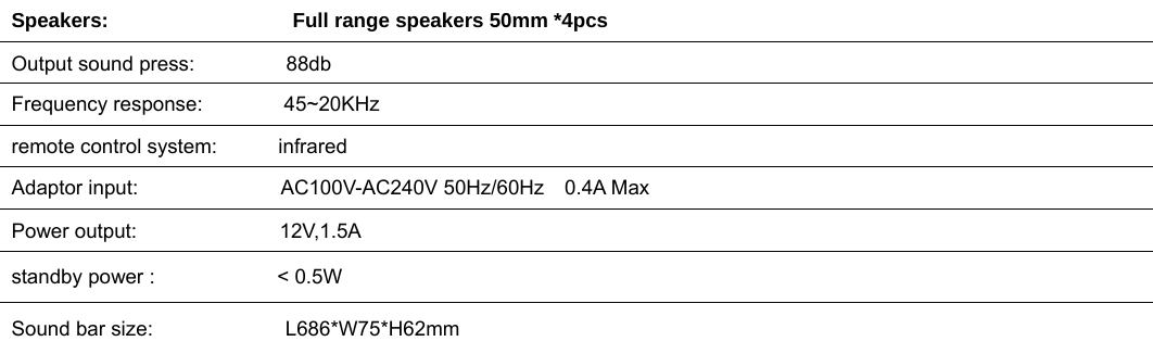   Speakers:                  Full range speakers 50mm *4pcs Output sound press:         88db Frequency response:        45~20KHz remote control system:      infrared Adaptor input:              AC100V-AC240V 50Hz/60Hz  0.4A Max Power output:              12V,1.5A standby power :            &lt; 0.5W Sound bar size:             L686*W75*H62mm  