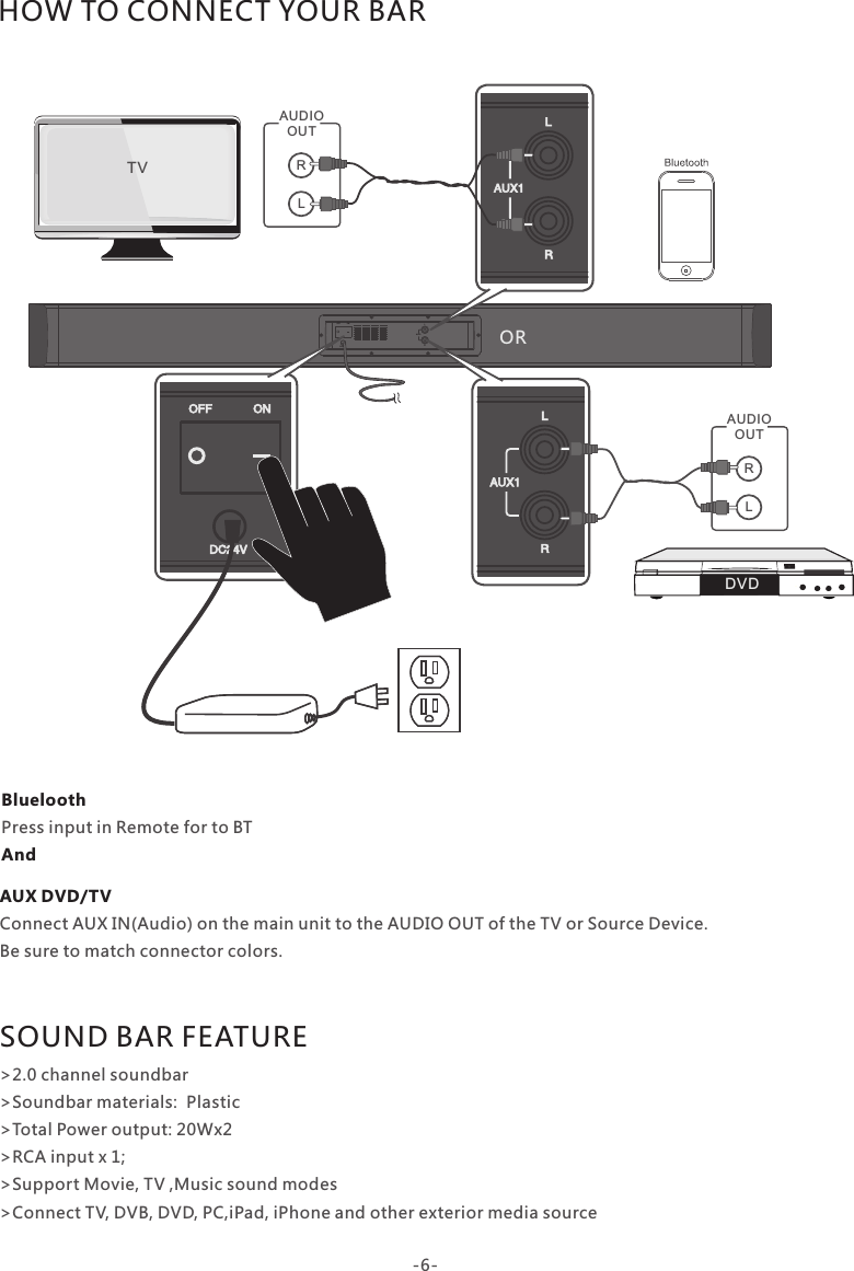 RLAUDIOOUTLRAUX1ON   OFFDC24V ON   OFFDC24V LRAUX1RLAUDIOOUTLRAUX1ORDVDTVAUX DVD/TVConnect AUX IN(Audio) on the main unit to the AUDIO OUT of the TV or Source Device.Be sure to match connector colors.BlueloothAndPress input in Remote for to BTHOW TO CONNECT YOUR BAR-6-SOUND BAR FEATURE&gt;2.0 channel soundbar&gt;Soundbar materials:  Plastic&gt;Total Power output: 20Wx2&gt;RCA input x 1;&gt;Support Movie, TV ,Music sound modes&gt;Connect TV, DVB, DVD, PC,iPad, iPhone and other exterior media source