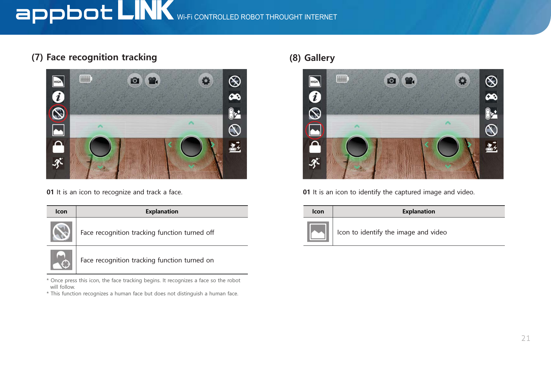 Wi-Fi CONTROLLED ROBOT THROUGHT INTERNETLINKAppBot+EQP &apos;ZRNCPCVKQP(CEGTGEQIPKVKQPVTCEMKPI,WLVDQLFRQWRUHFRJQL]HDQGWUDFNDIDFH)DFHUHFRJQLWLRQWUDFNLQJIXQFWLRQWXUQHGRII)DFHUHFRJQLWLRQWUDFNLQJIXQFWLRQWXUQHGRQ2QFHSUHVVWKLVLFRQWKHIDFHWUDFNLQJEHJLQV,WUHFRJQL]HVDIDFHVRWKHURERWZLOOIROORZ7KLVIXQFWLRQUHFRJQL]HVDKXPDQIDFHEXWGRHVQRWGLVWLQJXLVKDKXPDQIDFH21)CNNGT[+EQP &apos;ZRNCPCVKQP,WLVDQLFRQWRLGHQWLI\WKHFDSWXUHGLPDJHDQGYLGHR,FRQWRLGHQWLI\WKHLPDJHDQGYLGHR