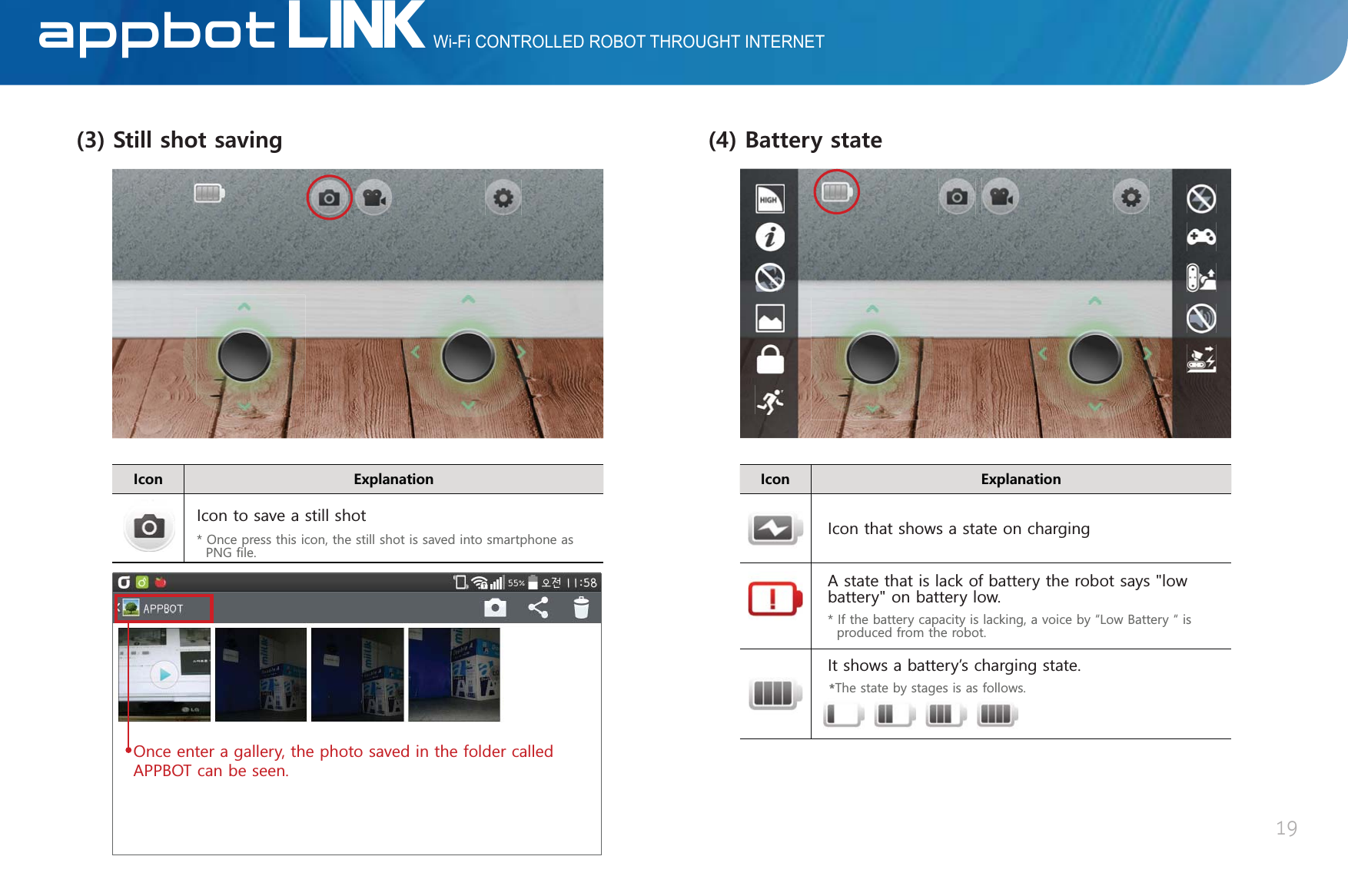 Wi-Fi CONTROLLED ROBOT THROUGHT INTERNETLINKAppBot+EQP &apos;ZRNCPCVKQP5VKNNUJQVUCXKPI2QFHSUHVVWKLVLFRQWKHVWLOOVKRWLVVDYHGLQWRVPDUWSKRQHDV31*呵OH,FRQWRVDYHDVWLOOVKRW+EQP &apos;ZRNCPCVKQP$CVVGT[UVCVG7KHVWDWHE\VWDJHVLVDVIROORZV,FRQWKDWVKRZVDVWDWHRQFKDUJLQJ$VWDWHWKDWLVODFNRIEDWWHU\WKHURERWVD\VORZEDWWHU\RQEDWWHU\ORZ,WVKRZVDEDWWHU\ĜVFKDUJLQJVWDWH,IWKHEDWWHU\FDSDFLW\LVODFNLQJDYRLFHE\ę/RZ%DWWHU\ęLVSURGXFHGIURPWKHURERW7KHVDWHE\VDJHVLVDVIROORZV192QFHHQWHUDJDOOHU\WKHSKRWRVDYHGLQWKHIROGHUFDOOHG$33%27FDQEHVHHQ