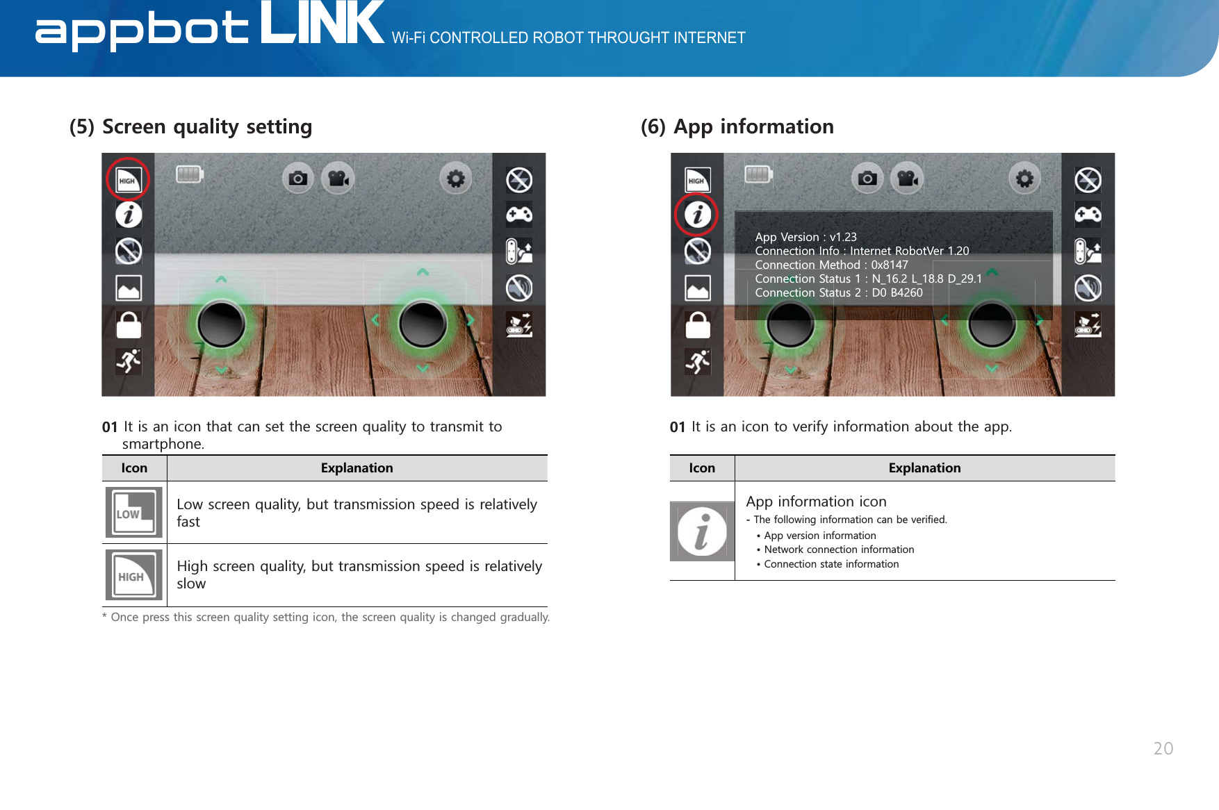 Wi-Fi CONTROLLED ROBOT THROUGHT INTERNETLINKAppBot+EQP &apos;ZRNCPCVKQP5ETGGPSWCNKV[UGVVKPI,WLVDQLFRQWKDWFDQVHWWKHVFUHHQTXDOLW\WRWUDQVPLWWRVPDUWSKRQH/RZVFUHHQTXDOLW\EXWWUDQVPLVVLRQVSHHGLVUHODWLYHO\IDVW+LJKVFUHHQTXDOLW\EXWWUDQVPLVVLRQVSHHGLVUHODWLYHO\VORZ2QFHSUHVVWKLVVFUHHQTXDOLW\VHWWLQJLFRQWKHVFUHHQTXDOLW\LVFKDQJHGJUDGXDOO\+EQP &apos;ZRNCPCVKQP#RRKPHQTOCVKQP,WLVDQLFRQWRYHULI\LQIRUPDWLRQDERXWWKHDSS7KHIROORZLQJLQIRUPDWLRQFDQEHYHUL呵HG$SSYHUVLRQLQIRUPDWLRQ1HWZRUNFRQQHFWLRQLQIRUPDWLRQ&amp;RQQHFWLRQVWDWHLQIRUPDWLRQ$SSLQIRUPDWLRQLFRQ20$SS9HUVLRQY&amp;RQQHFWLRQ,QIR,QWHUQHW5RERW9HU&amp;RQQHFWLRQ0HWKRG[&amp;RQQHFWLRQ6WDWXV1B/B&apos;B&amp;RQQHFWLRQ6WDWXV&apos;%