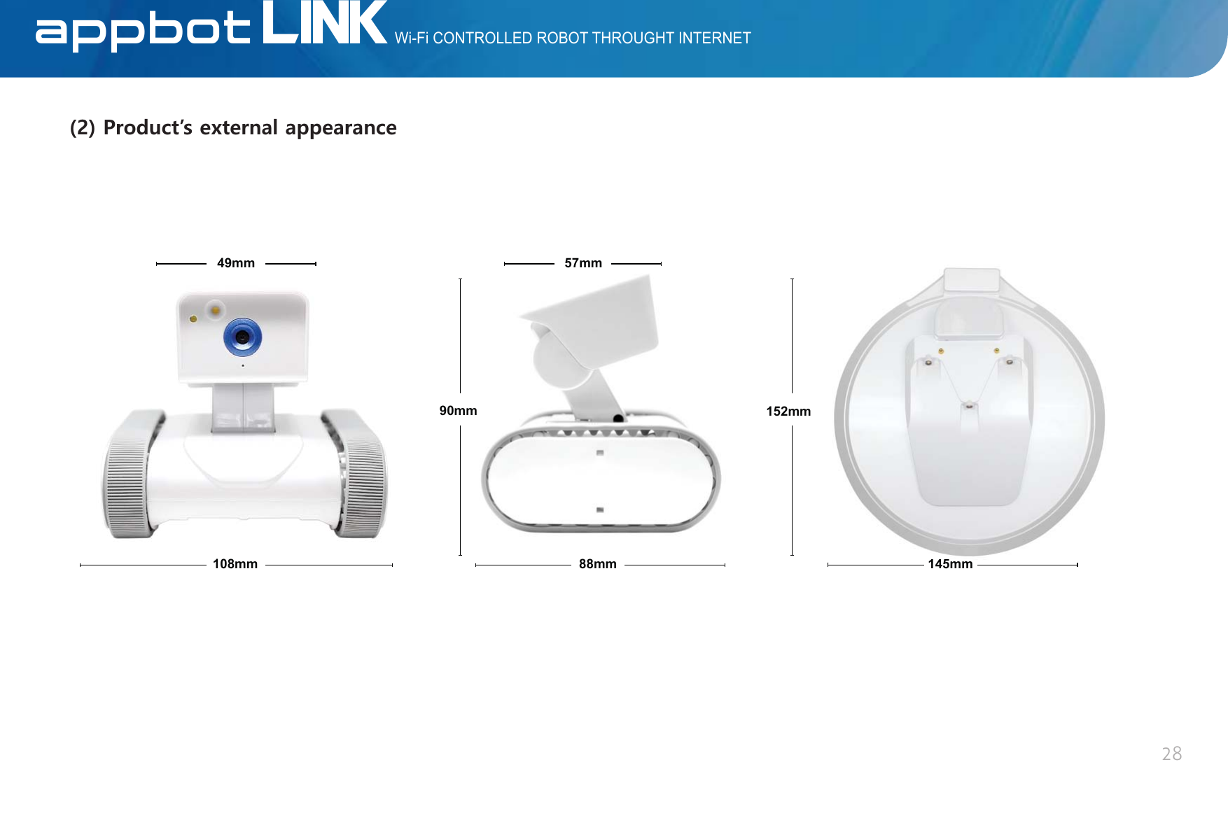 2TQFWEVğUGZVGTPCNCRRGCTCPEGWi-Fi CONTROLLED ROBOT THROUGHT INTERNETLINKAppBot2849mm 57mm108mm 88mm 145mm90mm 152mm145mm