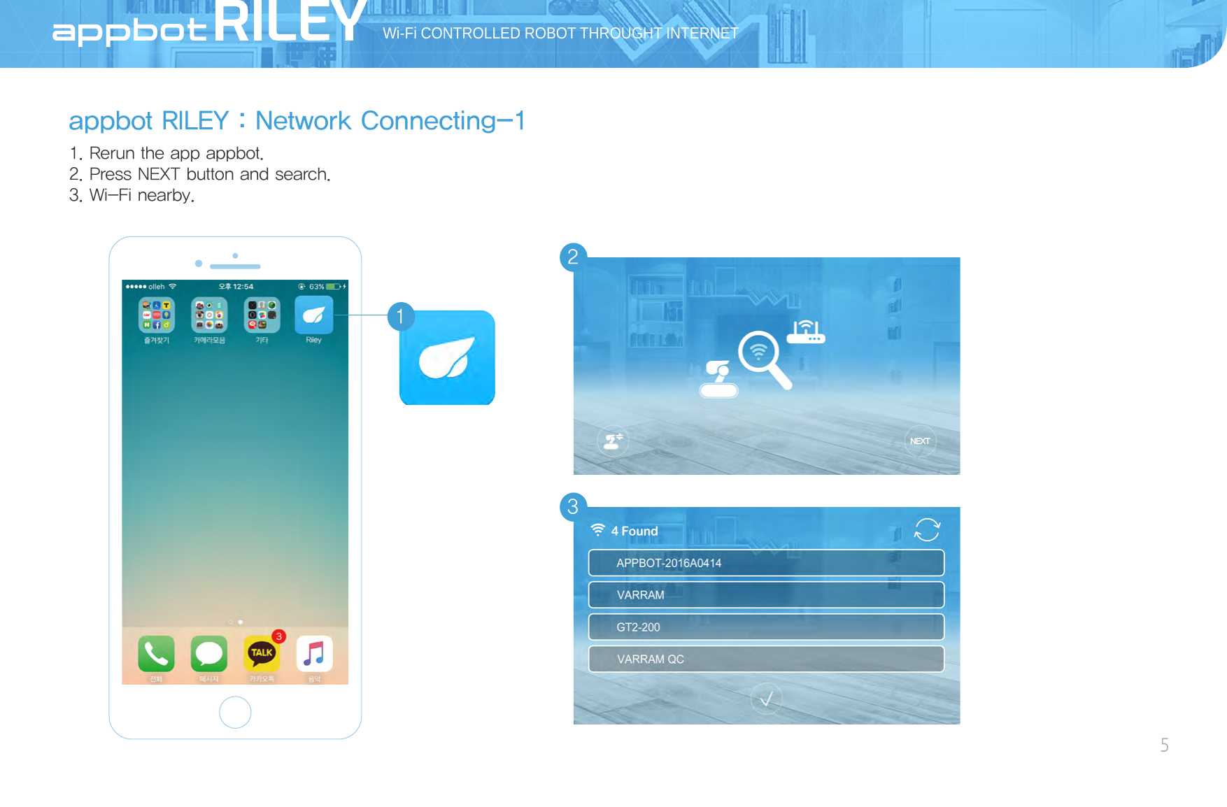 appbot RILEY：Network Connecting-11. Rerun the app appbot. 2. Press NEXT button and search.3. Wi-Fi nearby.Wi-Fi CONTROLLED ROBOT THROUGHT INTERNET5 AppBot123