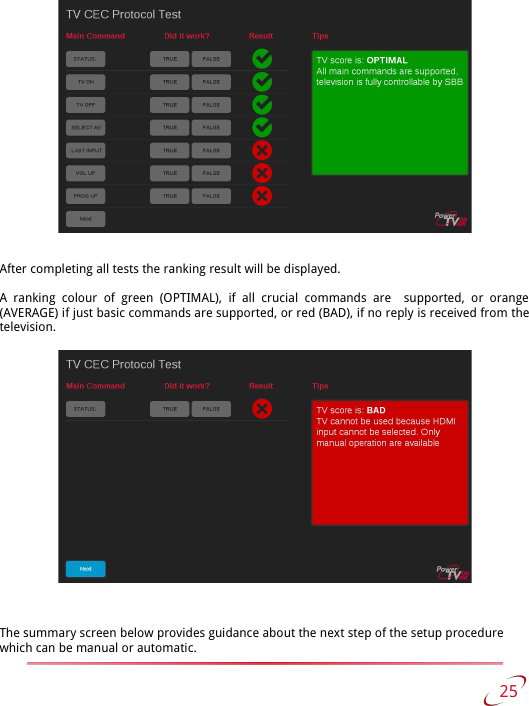 After completing all tests the ranking result will be displayed.A  ranking   colour   of green   (OPTIMAL),   if all  crucial   commands   are   supported, or   orange  (AVERAGE) if just basic commands are supported, or red (BAD), if no reply is received from the  television.The summary screen below provides guidance about the next step of the setup procedure which can be manual or automatic. 25   