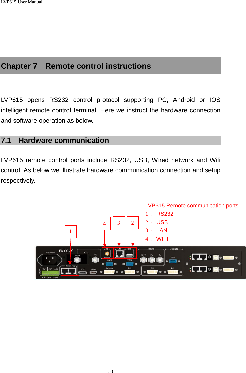 LVP615 User Manual      Chapter 7    Remote control instructions   LVP615 opens RS232 control protocol supporting PC, Android or IOS intelligent remote control terminal. Here we instruct the hardware connection and software operation as below.    7.1    Hardware communication  LVP615 remote control ports include RS232, USB, Wired network and Wifi control. As below we illustrate hardware communication connection and setup respectively.          1 3 4 2 LVP615 Remote communication ports 1  ：RS232 2  ：USB 3  ：LAN 4  ：WIFI 53 