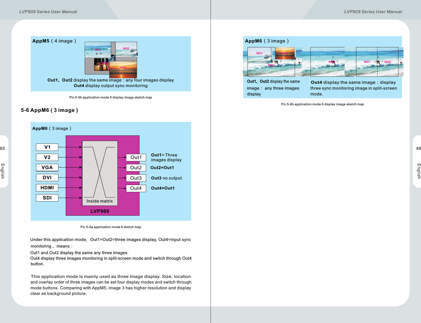 AppM5（4 image）AppM6（3 image）Pic 5-5b application mode 5 display image sketch mapPic 5-6b application mode 6 display image sketch mapOut1、Out2 display the same image：any four images displayOut4 display output sync monitoring     Out4 display the same image：display three sync monitoring image in split-screen mode. Out1、Out2 display the same image： any three images  display5-6 AppM6 ( 3 image )Pic 5-6a application mode 6 sketch map Inside matrixLVP909V1V2VGADVIHDMISDIOut1Out2Out3Out4AppM6（3 image）Out4=Out1Out3 no outputOut2=Out1Out1= Three images display        Under this application mode、Out1=Out2=three images display, Out4=input sync monitoring， means：         Out1 and Out2 display the same any three images.        Out4 display three images monitoring in split-screen mode and switch through Out4 button.        This application mode is mainly used as three image display. Size, locationand overlay order of three images can be set four display modes and switch through mode buttons. Comparing with AppM5, image 3 has higher resolution and display clear as background picture. IMG1 IMG2IMG3IMG4IMG1 IMG2IMG1IMG1IMG2IMG2IMG3IMG3IMG185 86LVP909 Series User Manual  LVP909  User Manual Series 