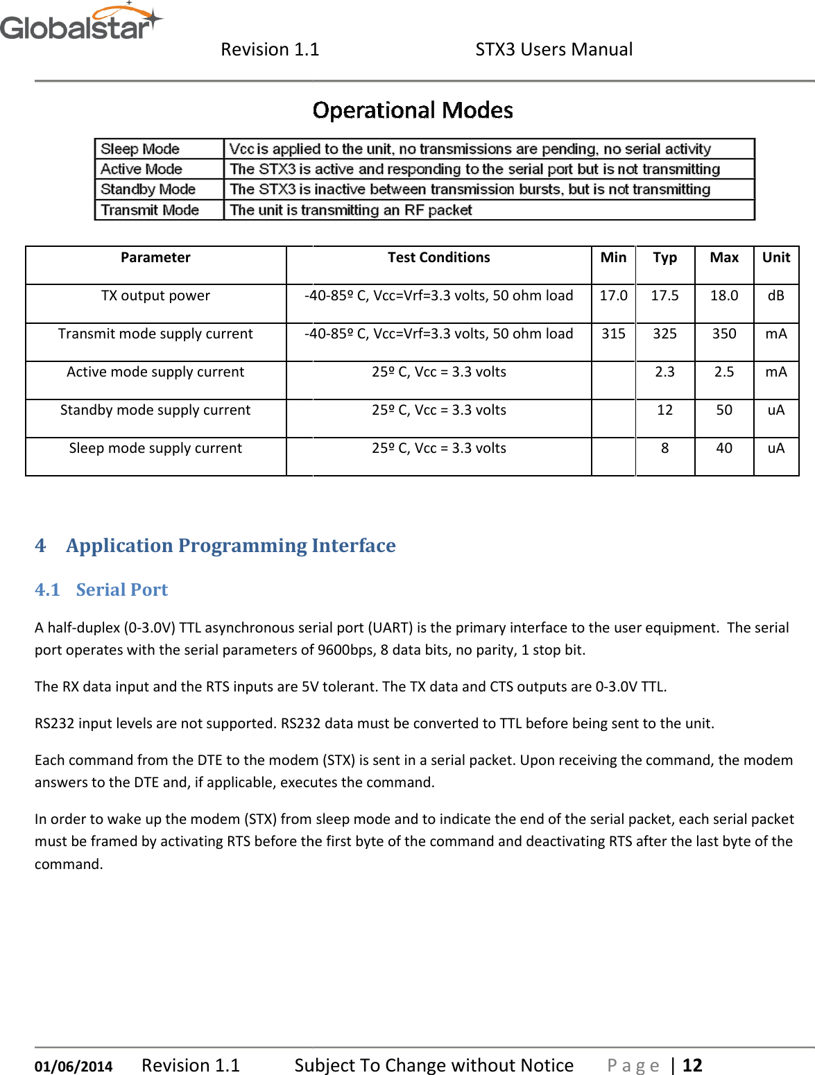  Revision 1.101/06/2014 Revision 1.1  Subject To Change without NoticeParameter TX output power -40Transmit mode supply current -40Active mode supply current Standby mode supply current Sleep mode supply current  4 Application Programming Interface4.1 Serial Port A half-duplex (0-3.0V) TTL asynchronous serial port (UART) is the primary interface to the user equipment.  The serial port operates with the serial parameters of 9600bps, 8 data bits, no parity, 1 stop bit.The RX data input and the RTS inputs are 5V tolerant. The TX data and CTS outputs are 0RS232 input levels are not supported. RS232 data must be converted to TTL before being sent to the unit.Each command from the DTE to the modem (STX) is sent in a serial packet. Upon answers to the DTE and, if applicable, executes the command.In order to wake up the modem (STX) from sleep mode and to indicate the end of the serial packet, each serial packet must be framed by activating RTS before the fcommand. 1  STX3 Users Manual Subject To Change without Notice P a g eTest Conditions Min 40-85º C, Vcc=Vrf=3.3 volts, 50 ohm load 17.0 40-85º C, Vcc=Vrf=3.3 volts, 50 ohm load 315 25º C, Vcc = 3.3 volts   25º C, Vcc = 3.3 volts   25º C, Vcc = 3.3 volts   Application Programming Interface 3.0V) TTL asynchronous serial port (UART) is the primary interface to the user equipment.  The serial port operates with the serial parameters of 9600bps, 8 data bits, no parity, 1 stop bit. inputs are 5V tolerant. The TX data and CTS outputs are 0-3.0V TTL.RS232 input levels are not supported. RS232 data must be converted to TTL before being sent to the unit.Each command from the DTE to the modem (STX) is sent in a serial packet. Upon receiving the command, the modem answers to the DTE and, if applicable, executes the command. In order to wake up the modem (STX) from sleep mode and to indicate the end of the serial packet, each serial packet must be framed by activating RTS before the first byte of the command and deactivating RTS after the last byte of the    P a g e | 12  Typ Max Unit 17.5 18.0 dB 325 350 mA 2.3 2.5 mA 12 50 uA 8 40 uA 3.0V) TTL asynchronous serial port (UART) is the primary interface to the user equipment.  The serial 3.0V TTL. RS232 input levels are not supported. RS232 data must be converted to TTL before being sent to the unit. receiving the command, the modem In order to wake up the modem (STX) from sleep mode and to indicate the end of the serial packet, each serial packet irst byte of the command and deactivating RTS after the last byte of the 