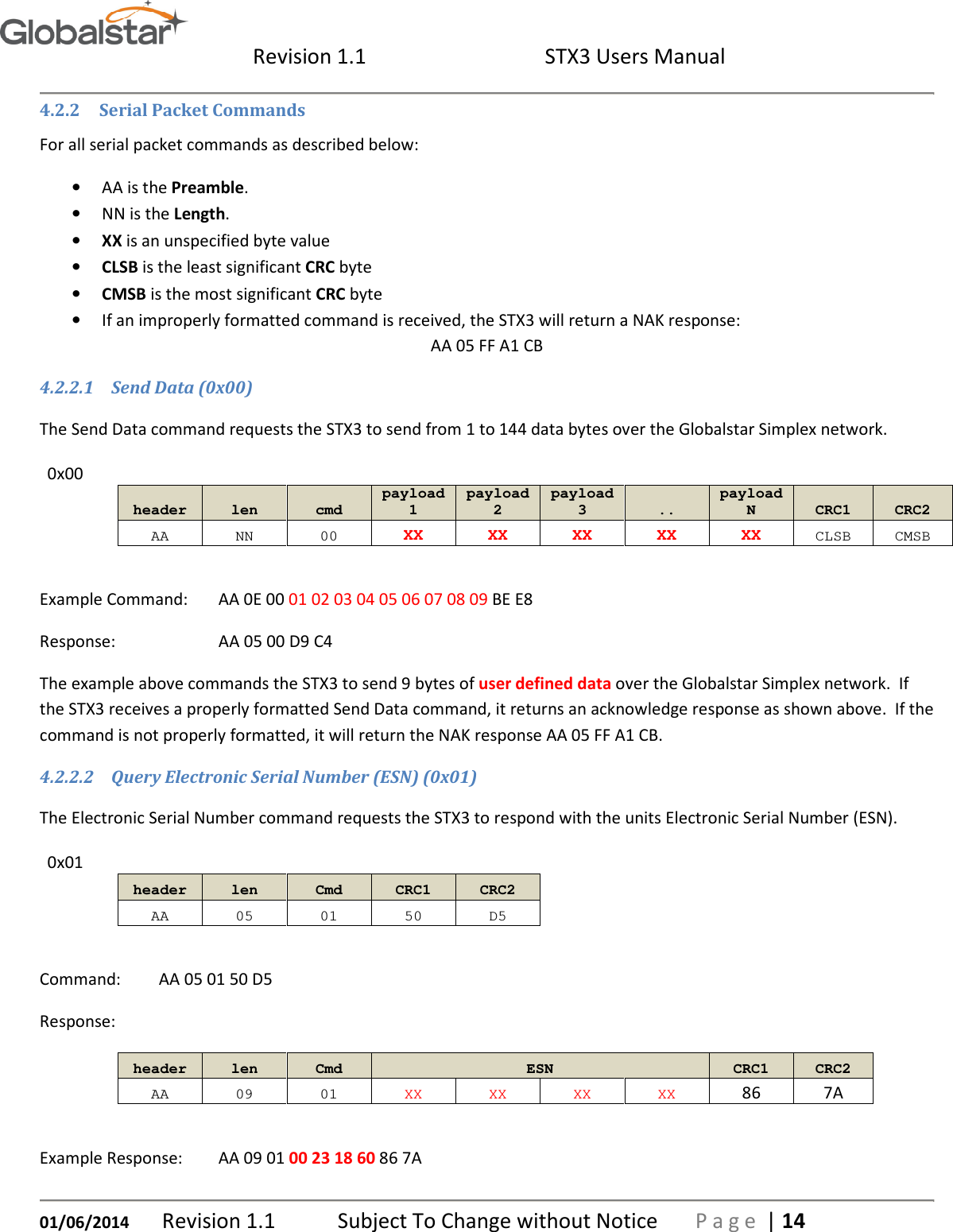  Revision 1.1  STX3 Users Manual   01/06/2014 Revision 1.1   Subject To Change without Notice  P a g e  | 14 4.2.2 Serial Packet Commands For all serial packet commands as described below: • AA is the Preamble. • NN is the Length. • XX is an unspecified byte value • CLSB is the least significant CRC byte • CMSB is the most significant CRC byte • If an improperly formatted command is received, the STX3 will return a NAK response: AA 05 FF A1 CB 4.2.2.1 Send Data (0x00) The Send Data command requests the STX3 to send from 1 to 144 data bytes over the Globalstar Simplex network. 0x00             header  len  cmd payload 1 payload 2 payload 3  .. payload N  CRC1  CRC2  AA  NN  00 XX  XX  XX  XX  XX CLSB  CMSB  Example Command:  AA 0E 00 01 02 03 04 05 06 07 08 09 BE E8  Response:    AA 05 00 D9 C4 The example above commands the STX3 to send 9 bytes of user defined data over the Globalstar Simplex network.  If the STX3 receives a properly formatted Send Data command, it returns an acknowledge response as shown above.  If the command is not properly formatted, it will return the NAK response AA 05 FF A1 CB. 4.2.2.2 Query Electronic Serial Number (ESN) (0x01) The Electronic Serial Number command requests the STX3 to respond with the units Electronic Serial Number (ESN). 0x01        header  len  Cmd  CRC1  CRC2  AA  05  01  50  D5  Command:  AA 05 01 50 D5   Response:  header  len  Cmd  ESN  CRC1  CRC2  AA  09  01  XX  XX  XX  XX 86  7A  Example Response:  AA 09 01 00 23 18 60 86 7A 