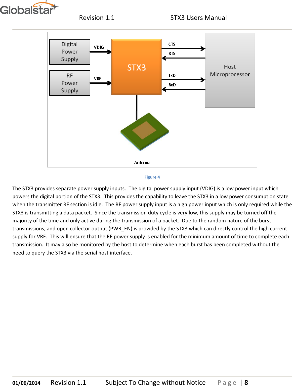  Revision 1.101/06/2014 Revision 1.1  Subject To Change without NoticeThe STX3 provides separate power supply inputs.  The digital power supply input (VDIG) is a low power input which powers the digital portion of the STX3.  This provides the capability to leave the STX3 in a low power conswhen the transmitter RF section is idle.  The RF power supply input is a high power input which is only required while the STX3 is transmitting a data packet.  Since the transmission duty cycle is very low, this supply may be turned off the majority of the time and only active during the transmission of a packet.  Due to the random nature of the burst transmissions, and open collector output (PWR_EN) is provided by the STX3 which can directly control the high current supply for VRF.  This will ensure that the RF power supply is enabled for the transmission.  It may also be monitored by the host to determine when each burst has been completed without the need to query the STX3 via the serial host interface   1  STX3 Users Manual Subject To Change without Notice P a g eFigure 4 The STX3 provides separate power supply inputs.  The digital power supply input (VDIG) is a low power input which powers the digital portion of the STX3.  This provides the capability to leave the STX3 in a low power conswhen the transmitter RF section is idle.  The RF power supply input is a high power input which is only required while the Since the transmission duty cycle is very low, this supply may be turned off the ajority of the time and only active during the transmission of a packet.  Due to the random nature of the burst transmissions, and open collector output (PWR_EN) is provided by the STX3 which can directly control the high current ensure that the RF power supply is enabled for the minimum amount of time to complete each transmission.  It may also be monitored by the host to determine when each burst has been completed without the need to query the STX3 via the serial host interface.    P a g e | 8  The STX3 provides separate power supply inputs.  The digital power supply input (VDIG) is a low power input which powers the digital portion of the STX3.  This provides the capability to leave the STX3 in a low power consumption state when the transmitter RF section is idle.  The RF power supply input is a high power input which is only required while the Since the transmission duty cycle is very low, this supply may be turned off the ajority of the time and only active during the transmission of a packet.  Due to the random nature of the burst transmissions, and open collector output (PWR_EN) is provided by the STX3 which can directly control the high current amount of time to complete each transmission.  It may also be monitored by the host to determine when each burst has been completed without the 