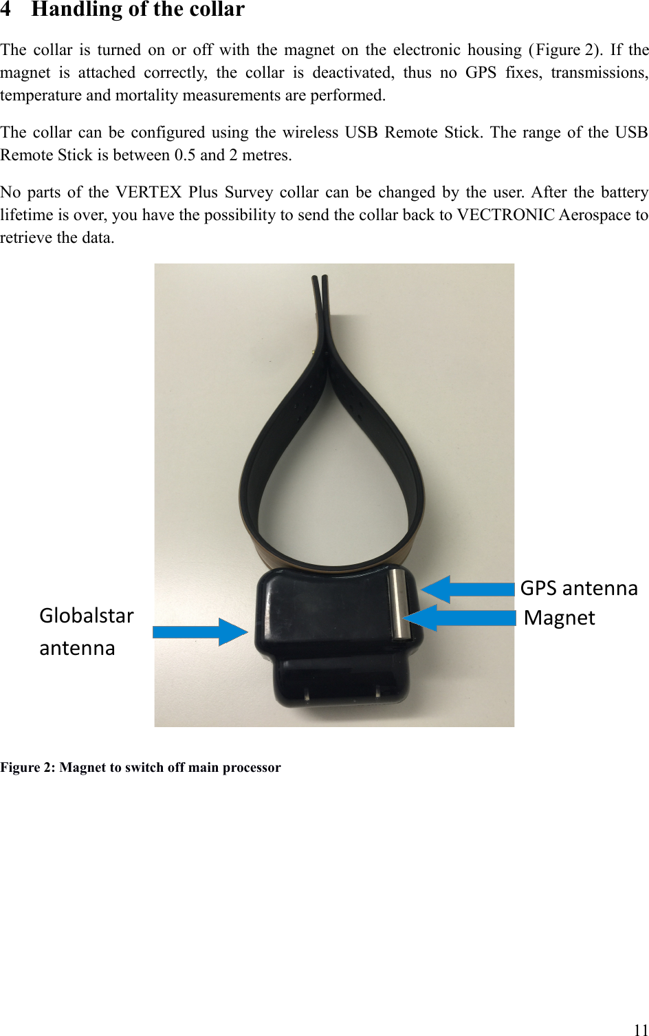 4 Handling of the collar/&quot;##( &quot;&quot; * !.#(     &quot;  &quot;&quot;=    &quot;    &quot;=      6-  #4=  (=((((#(./&quot;&quot;,&quot;#  82(&quot;;./ #82(&quot;;,.(.:#012/13-&quot;&quot;,&quot; ,.)#,#(=,&quot;,&quot;;01&apos;/2E:&apos;)&quot;.Figure 2: Magnet to switch off main processorMagnetGlobalstar antennaGPS antenna
